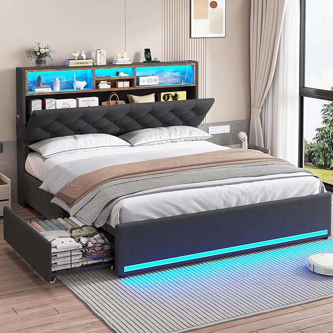 Full Size Bed Frame with LED & Storage