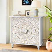 White Accent Cabinet with Carved Flower Pattern