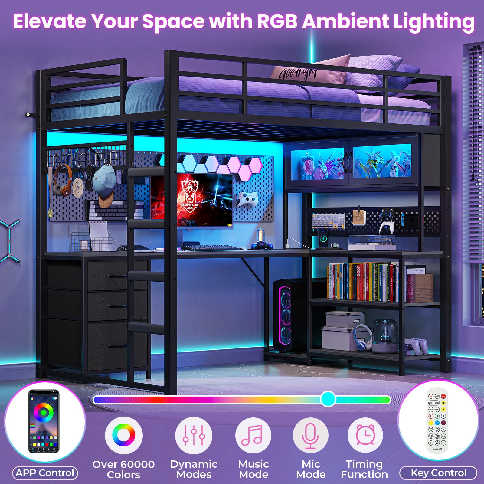 Twin Loft Bed with L-Shaped Gaming Desk and Storage