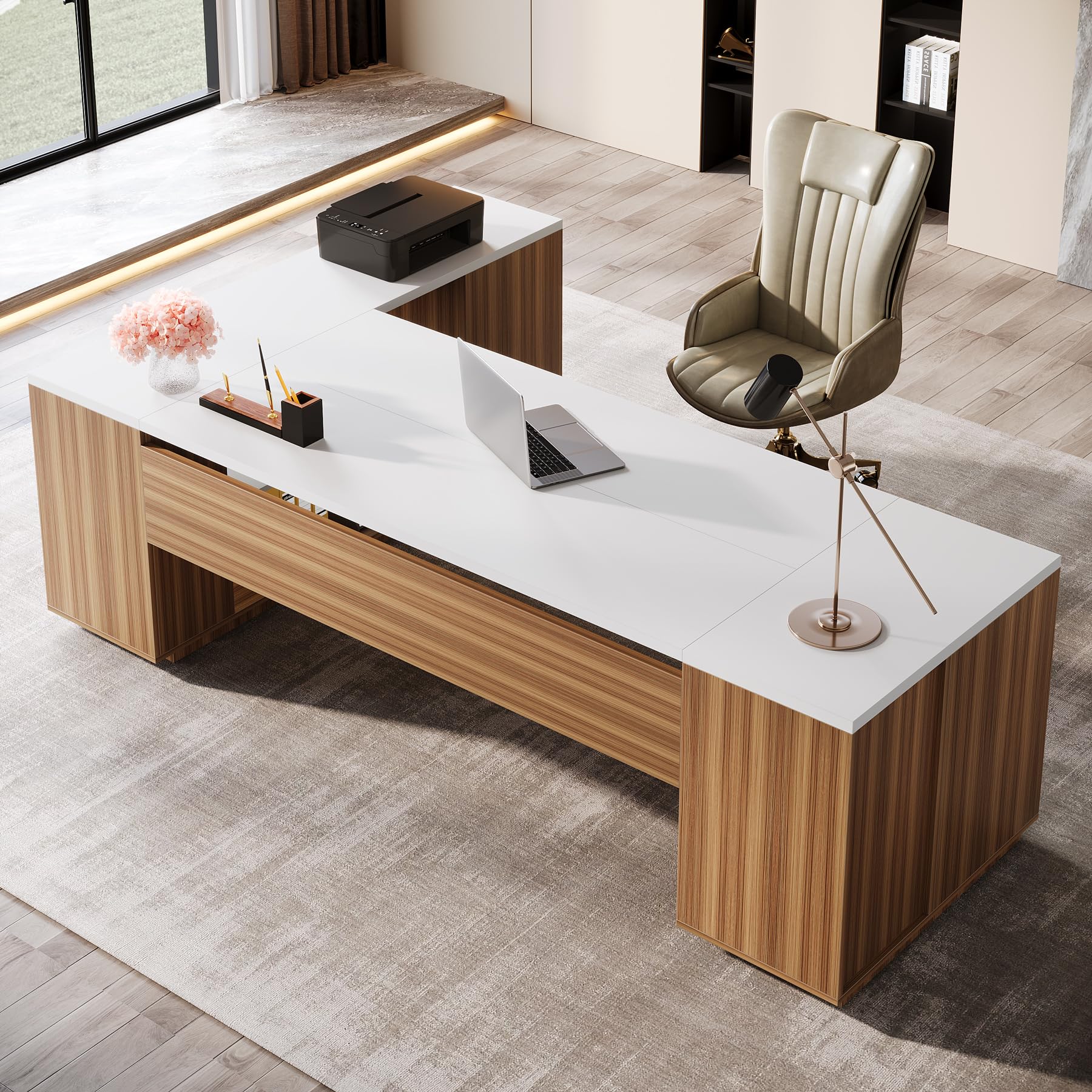 L-Shaped Executive Office Desk with File Drawers and Storage Cabinet