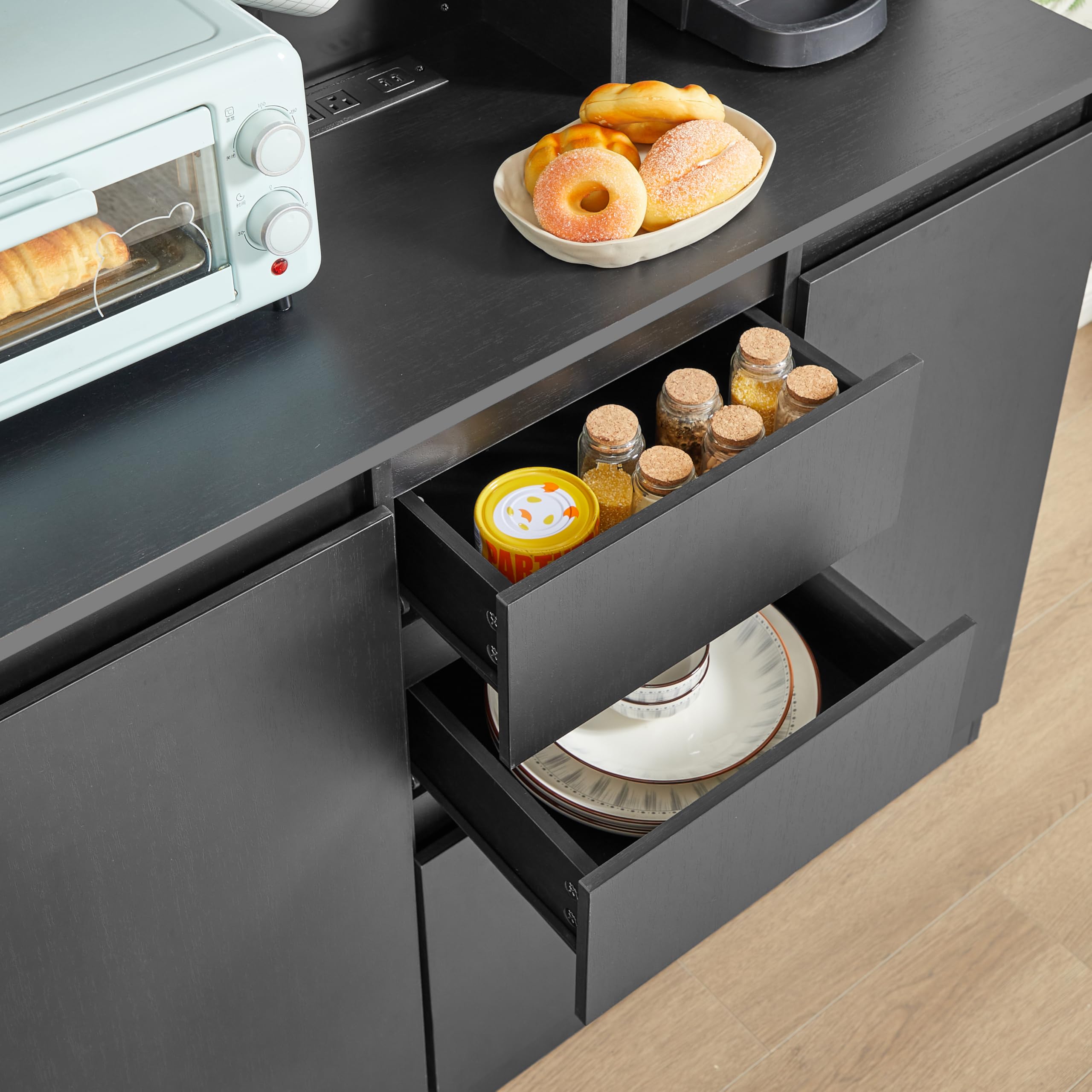 74" Pantry Cabinet with Power Outlet and LED Light Strip