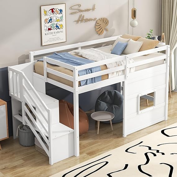 Twin Loft Bed with Storage Staircase and Underbed Space