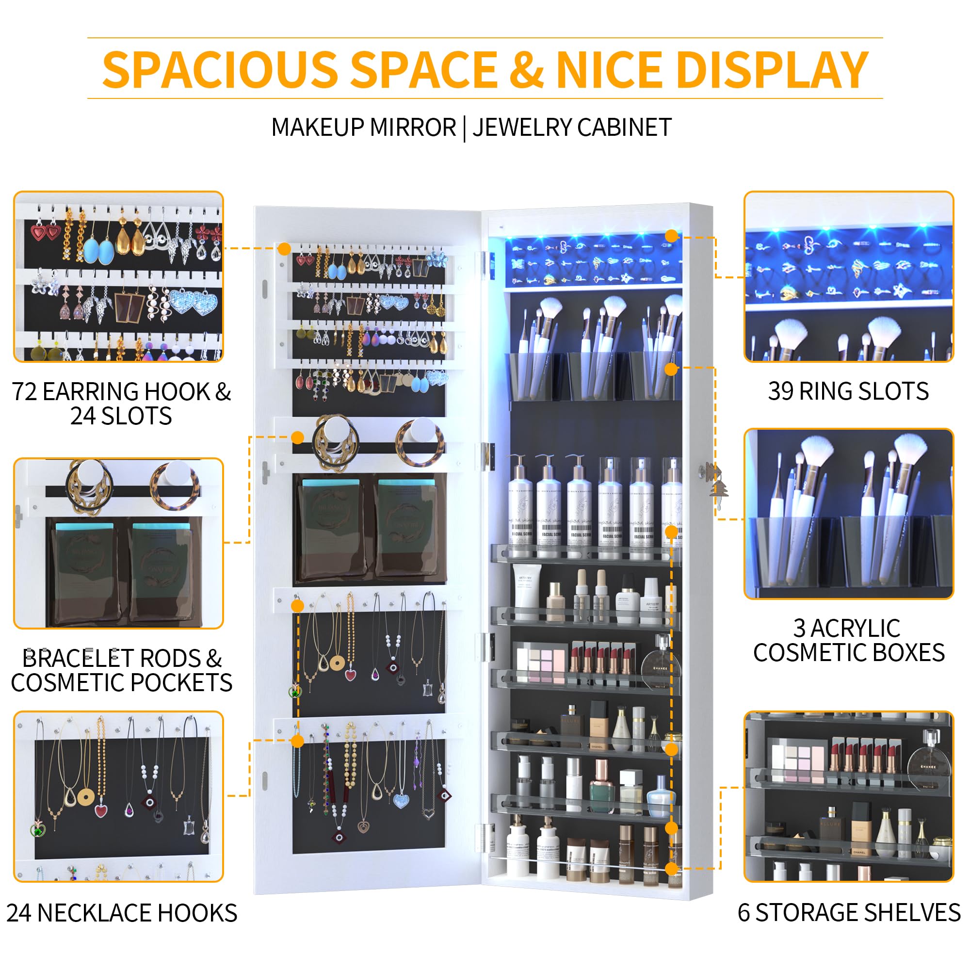LED Mirror Jewelry Cabinet with Wall/Door Mount