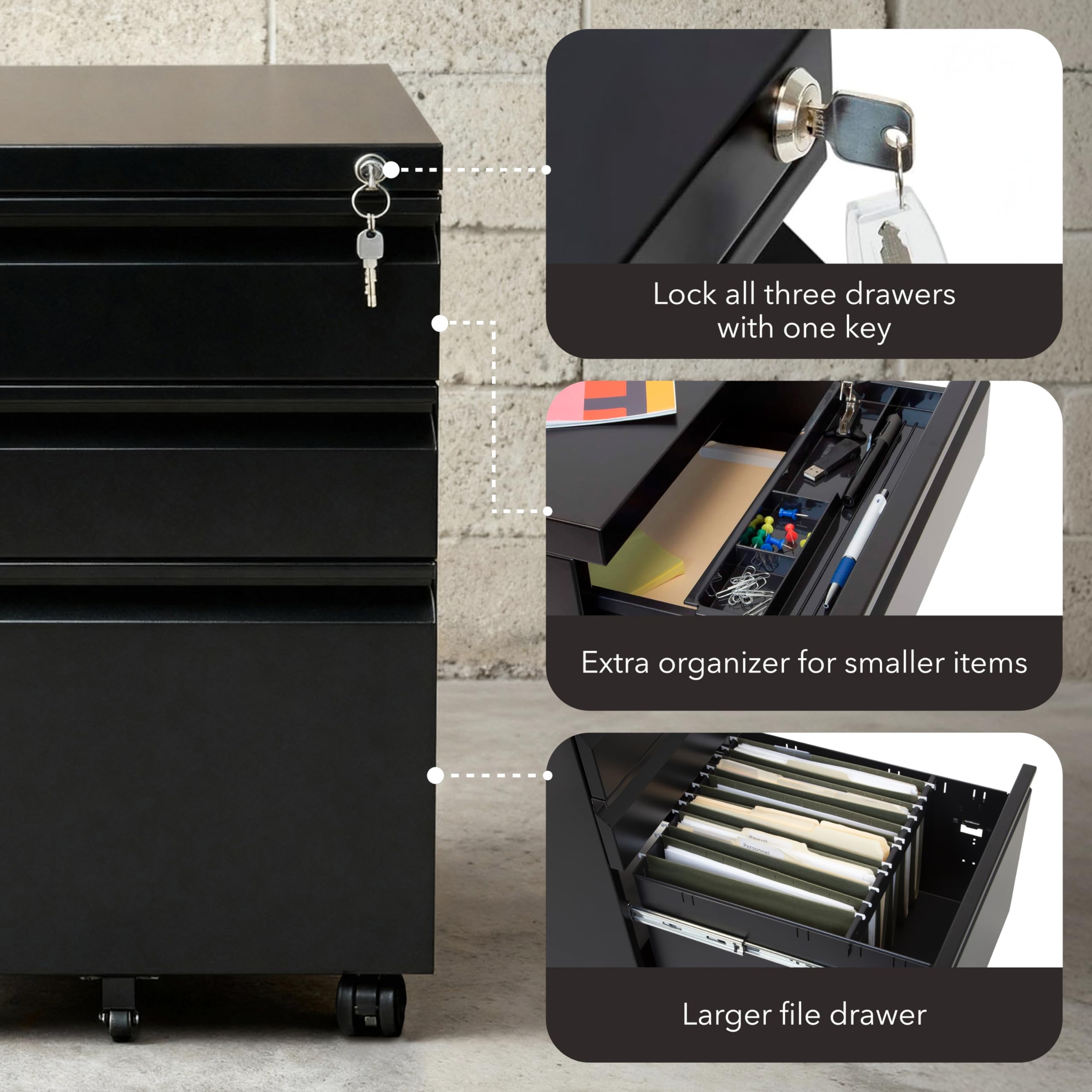 3-Drawer File Cabinet with Lock and Wheels