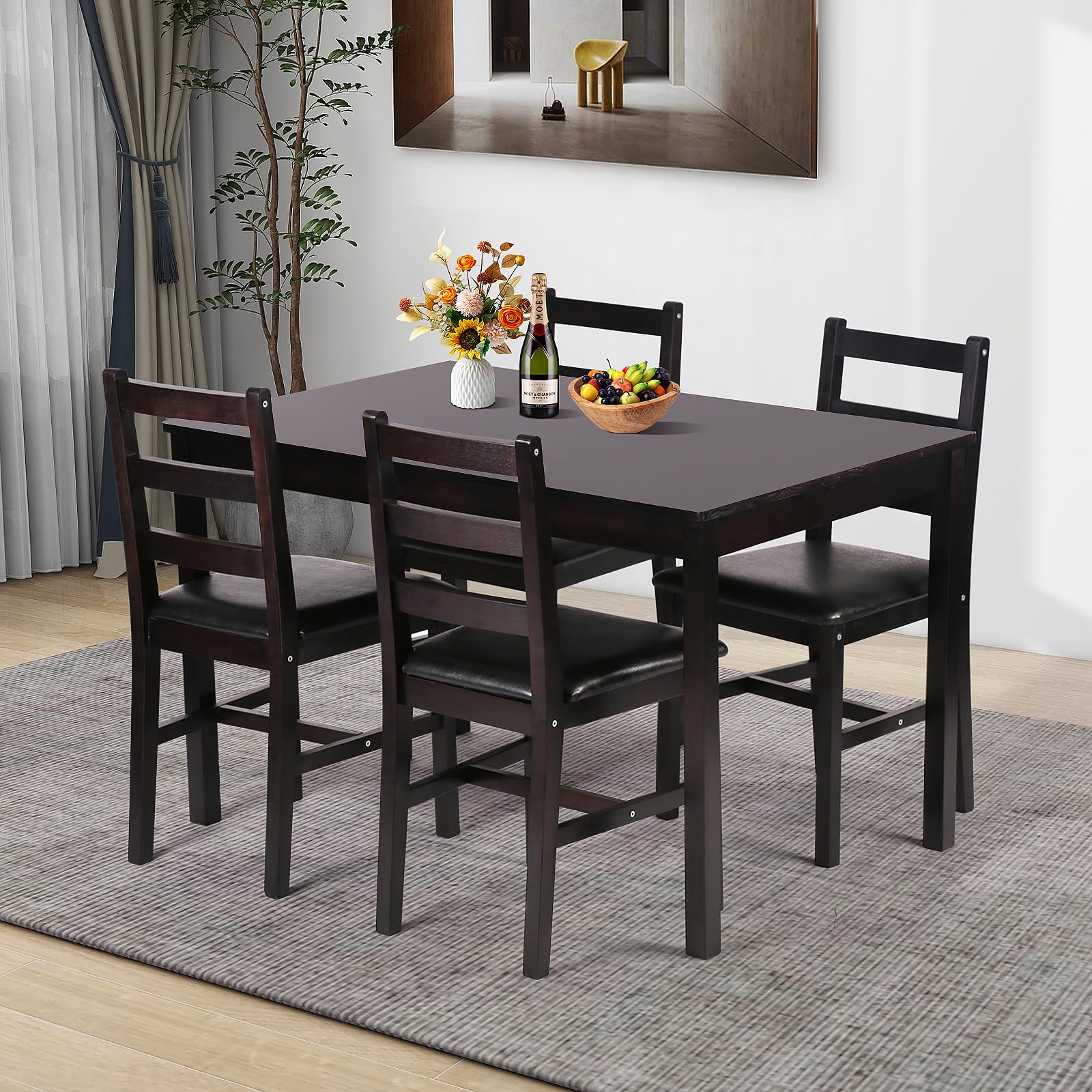 5-Piece Wooden Dining Table Set for 4 - Square Kitchen Table with Chairs