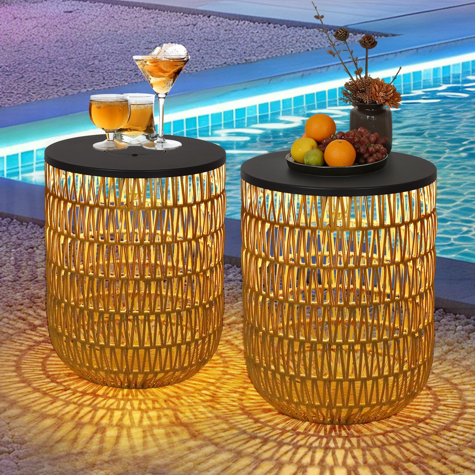 Solar Outdoor Side Table Set of 2 with Dimmable Light