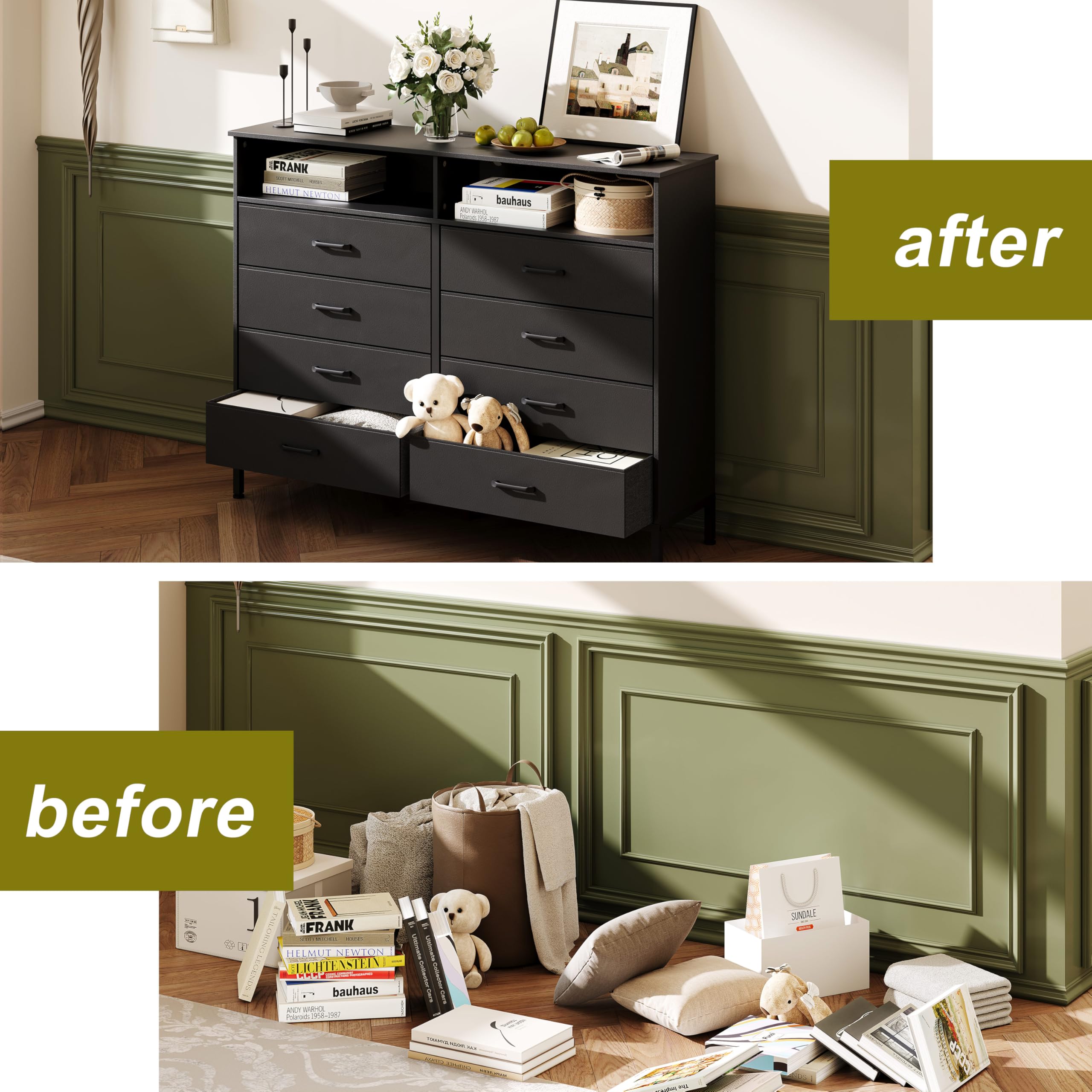 Black Dresser with LED Lights and Charging Station - 8 Drawer Chest