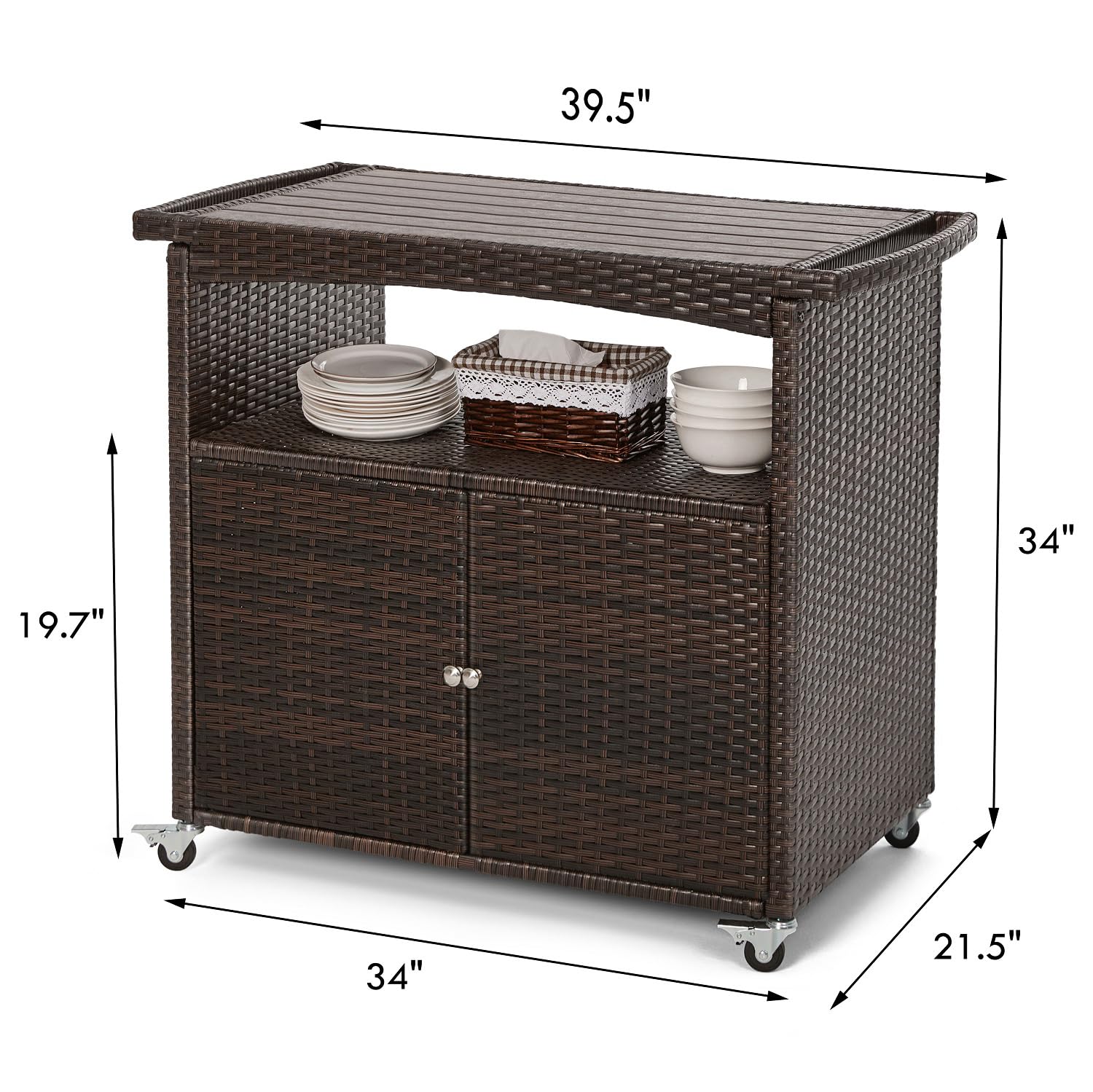 Outdoor Wicker Bar Cart with Storage Cabinet and Rolling Wheels