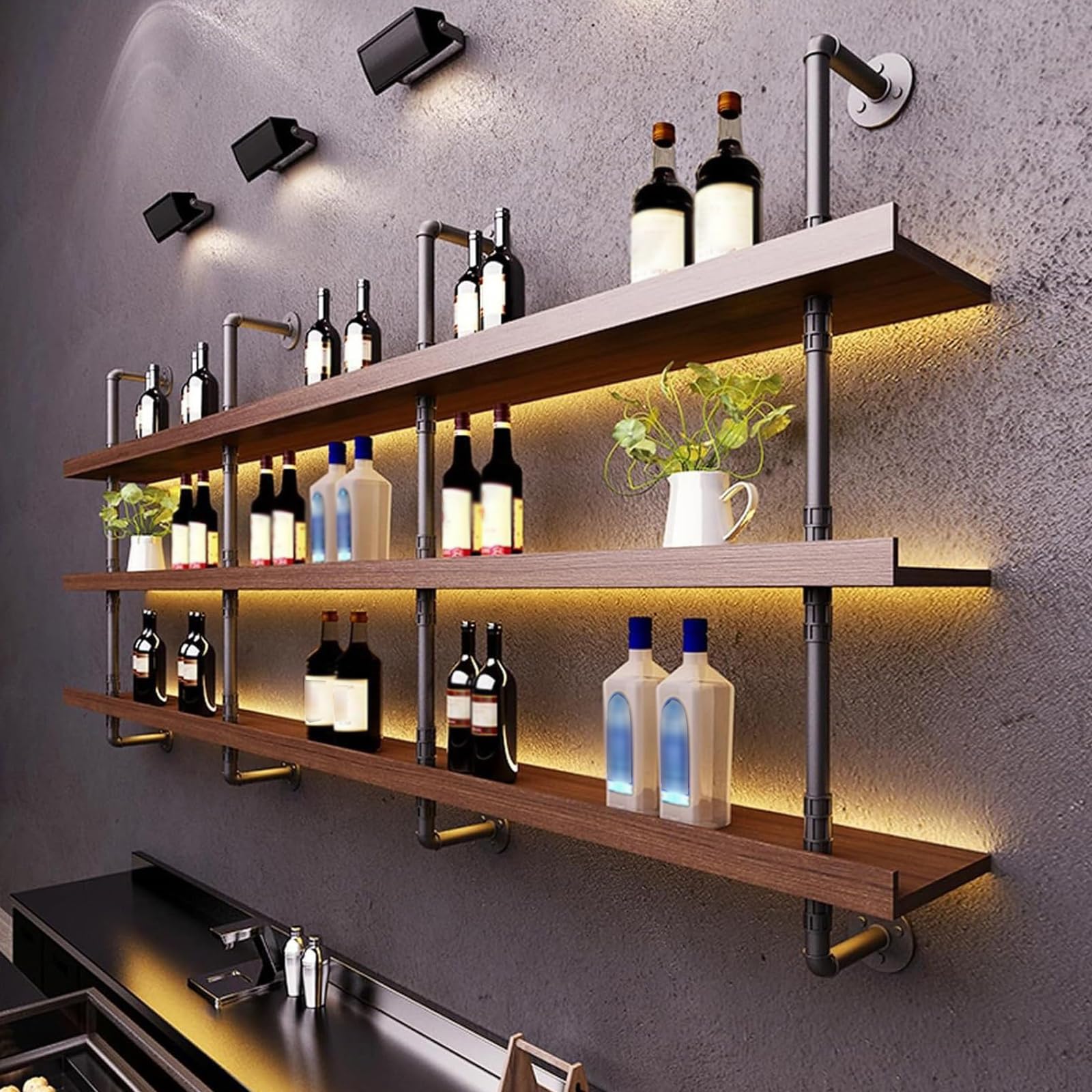 Large Wine Rack with LED Light - 3-Tier Wall Mounted Floating Shelves