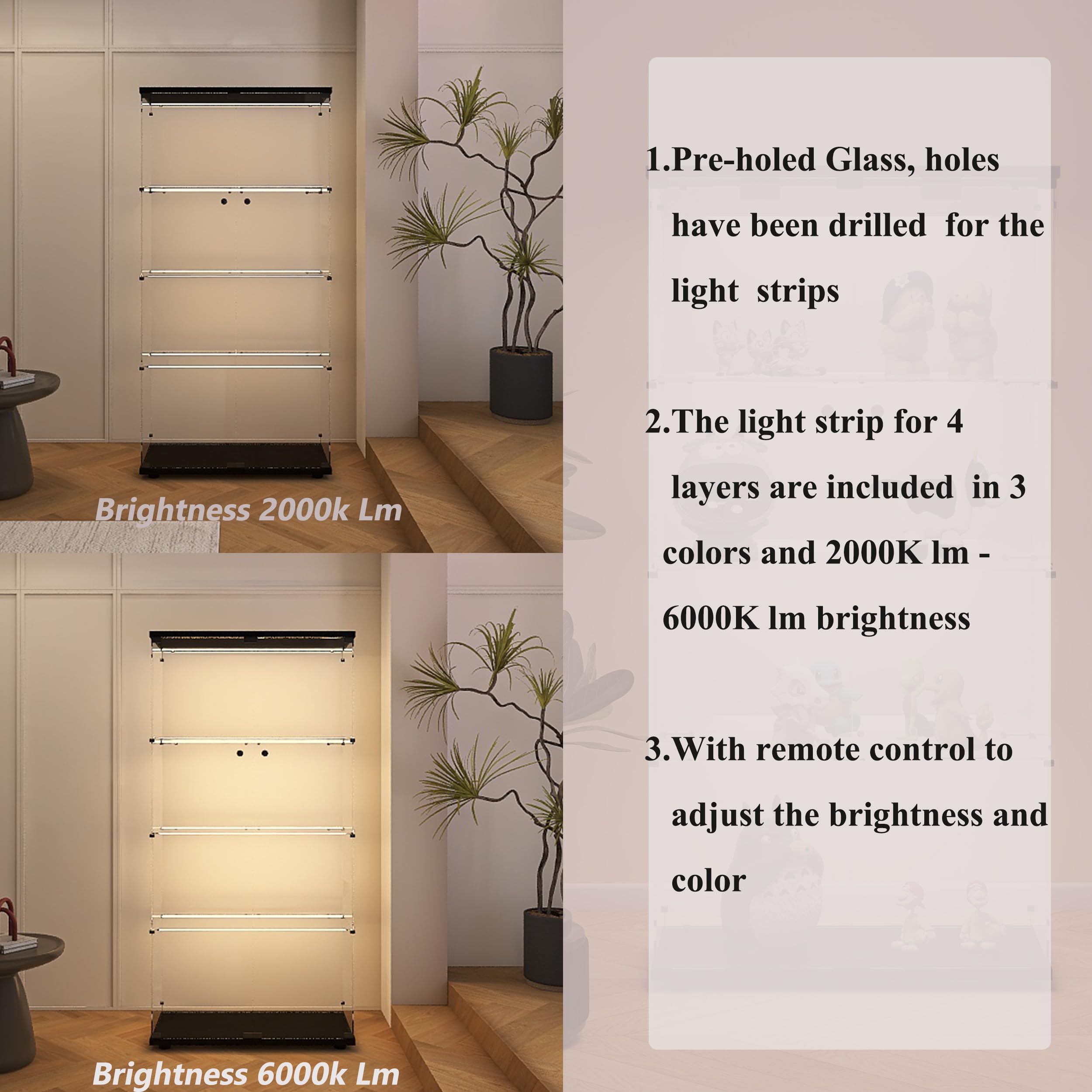 Glass Display Cabinet with LED Lights and Lock