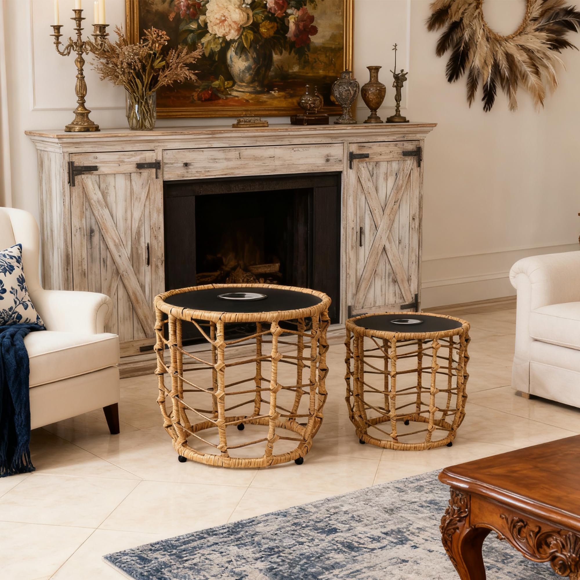 Boho Solar Outdoor Side Table Set of 2 with Built-in Lights