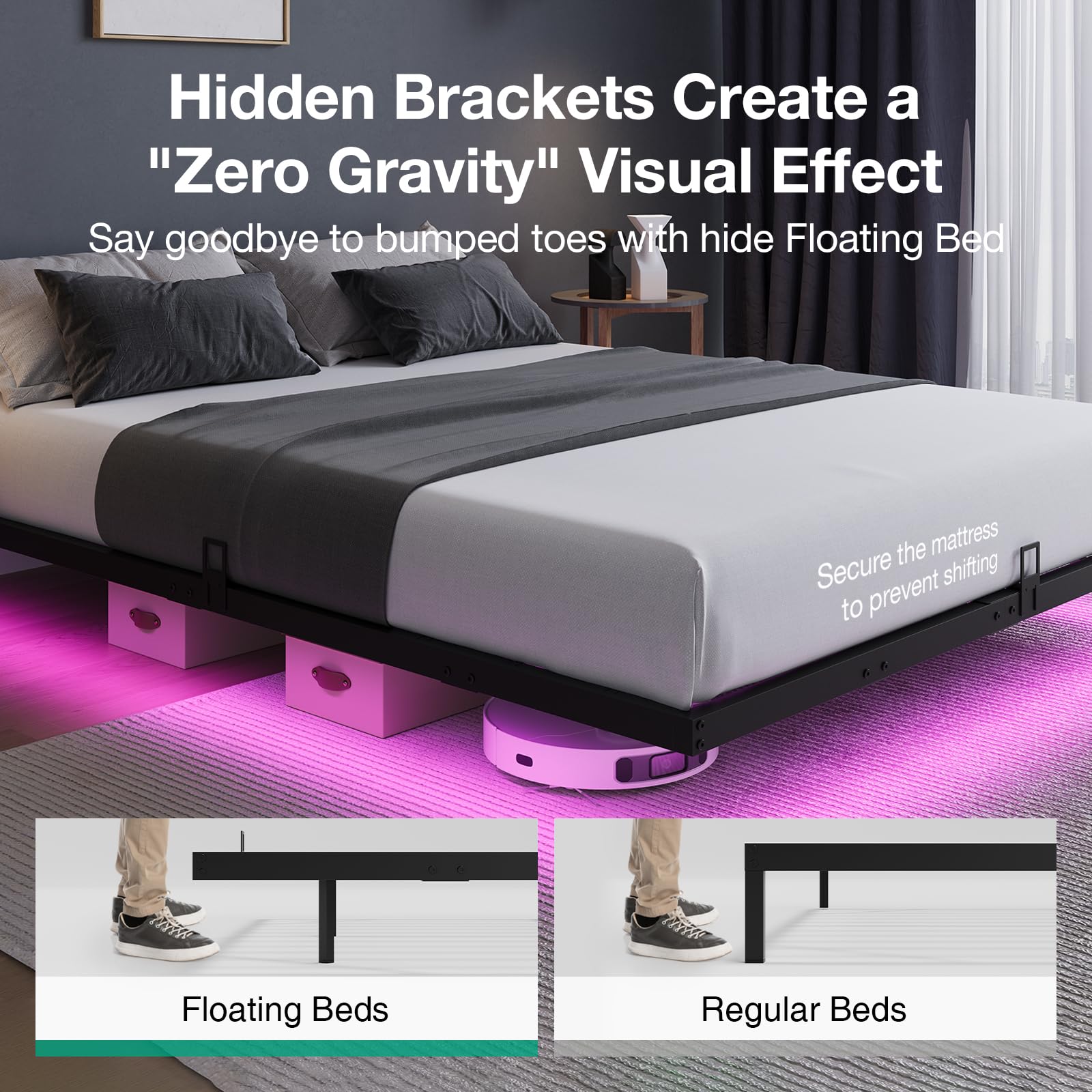 Queen Bed Frame with LED Lights and Floating Design