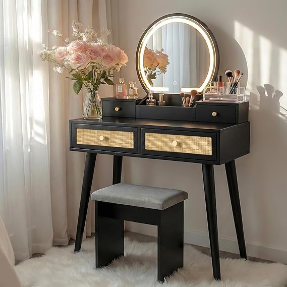 31" Boho Natural Rattan Vanity Desk Set with Lighted Mirror and Cushioned Stool