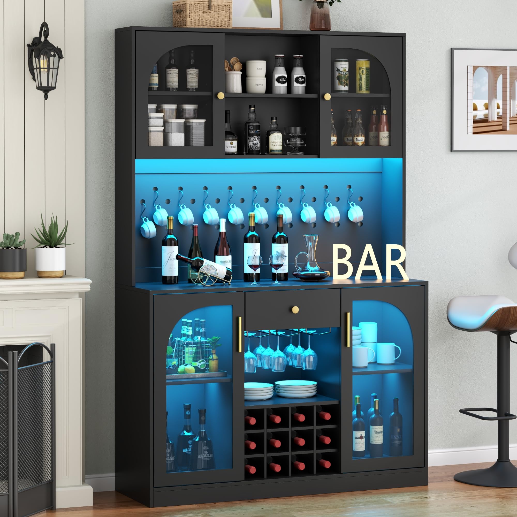71.8" Tall Kitchen Pantry Cabinet with LED Light and Wine Rack