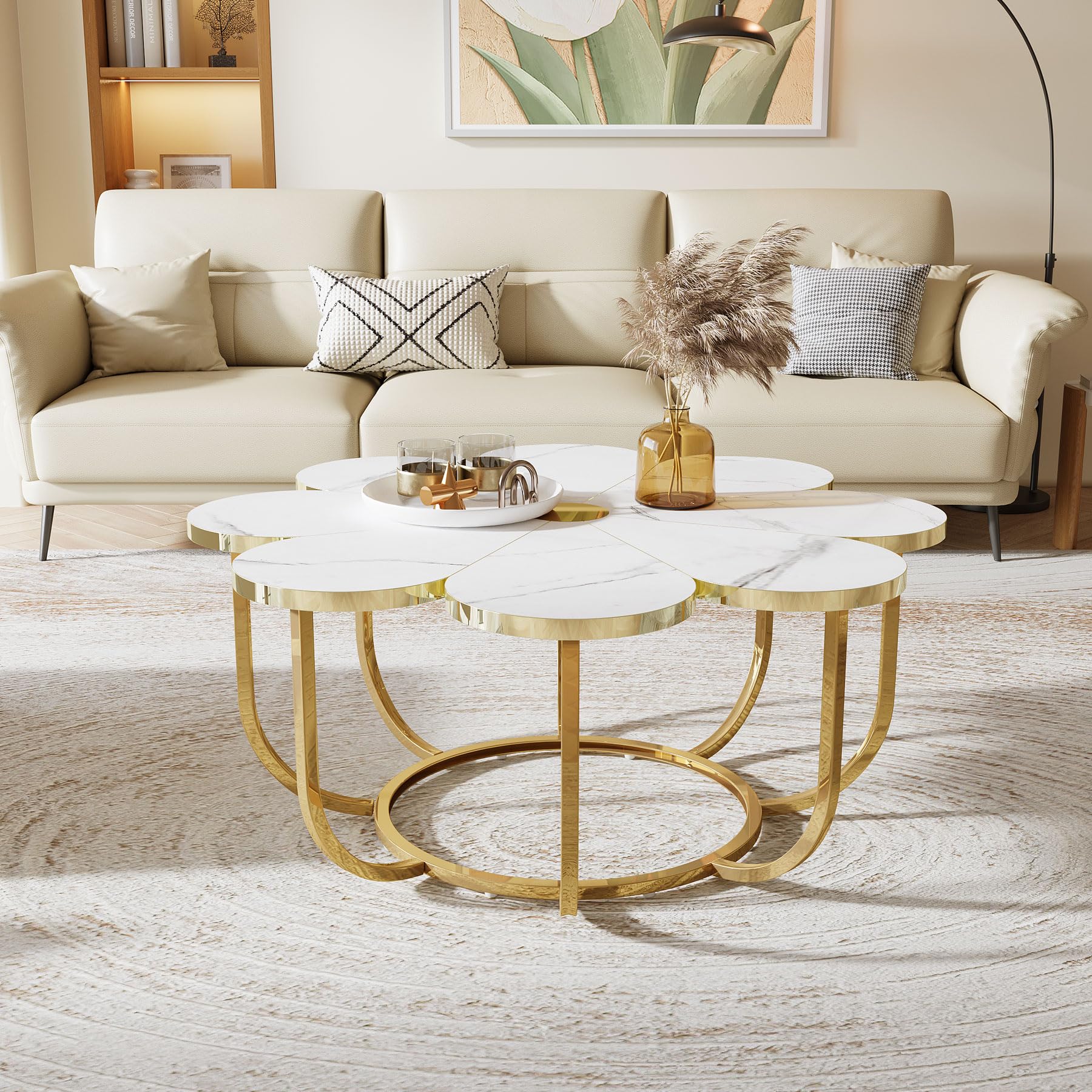 White and Gold Coffee Table with Flower-Shaped Marble Tabletop
