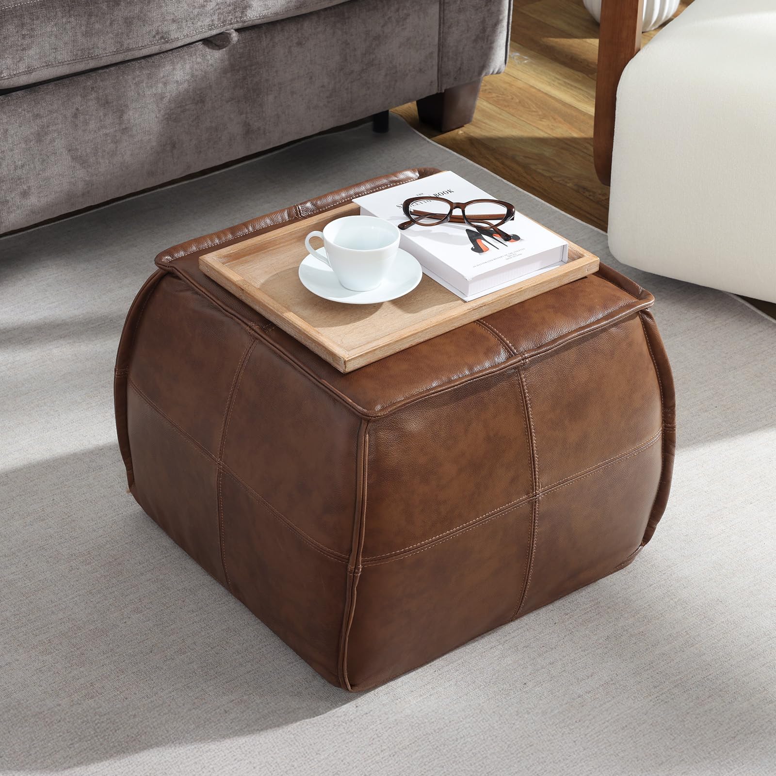 Genuine Leather Square Ottoman Pouf