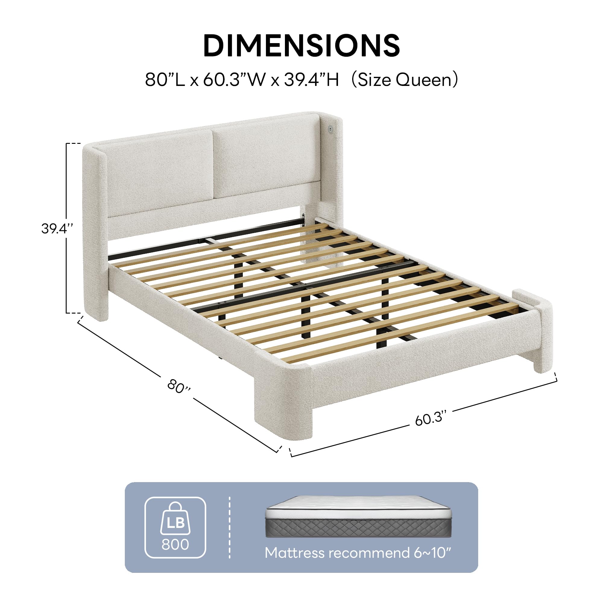 Queen Upholstered Bed Frame with USB Ports