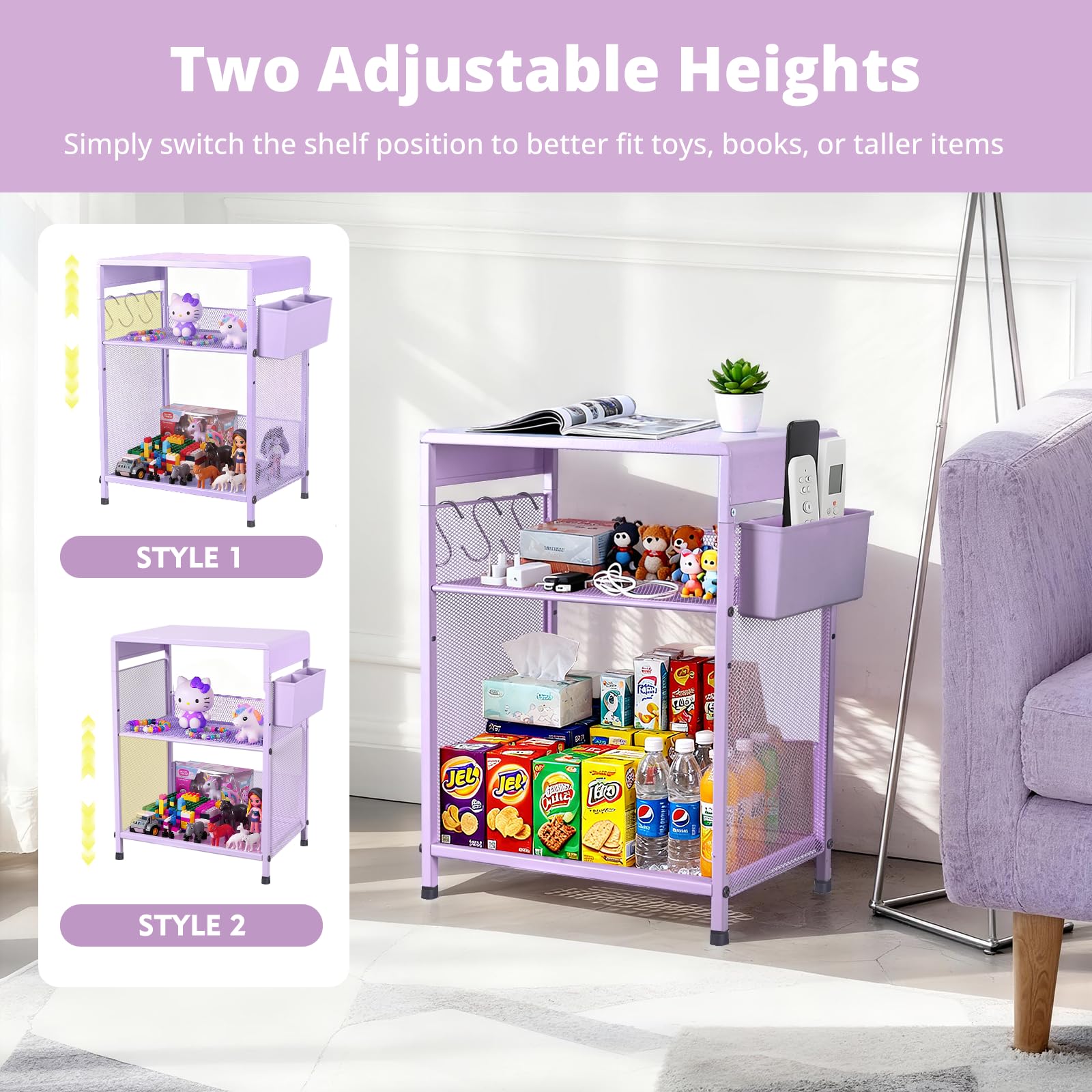 Purple Kids Nightstand 3-Tier Small Side Table