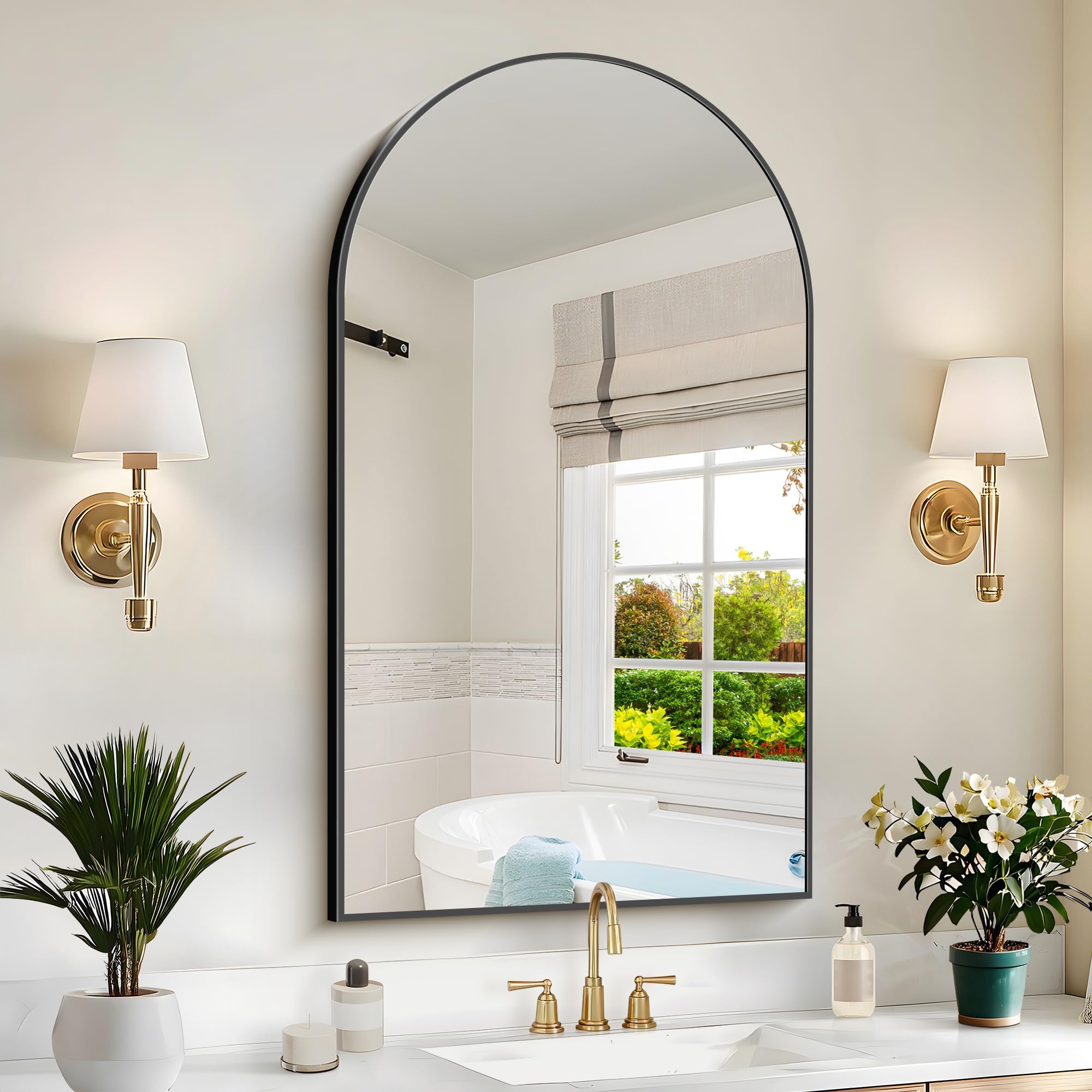 Arched Wall Mirror 24x40 Black Aluminum Frame