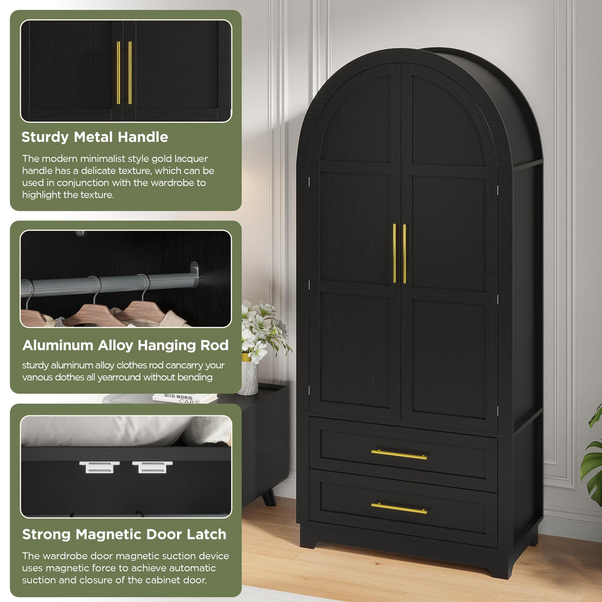 Modern Wardrobe Closet with 2 Drawers and Arched Doors