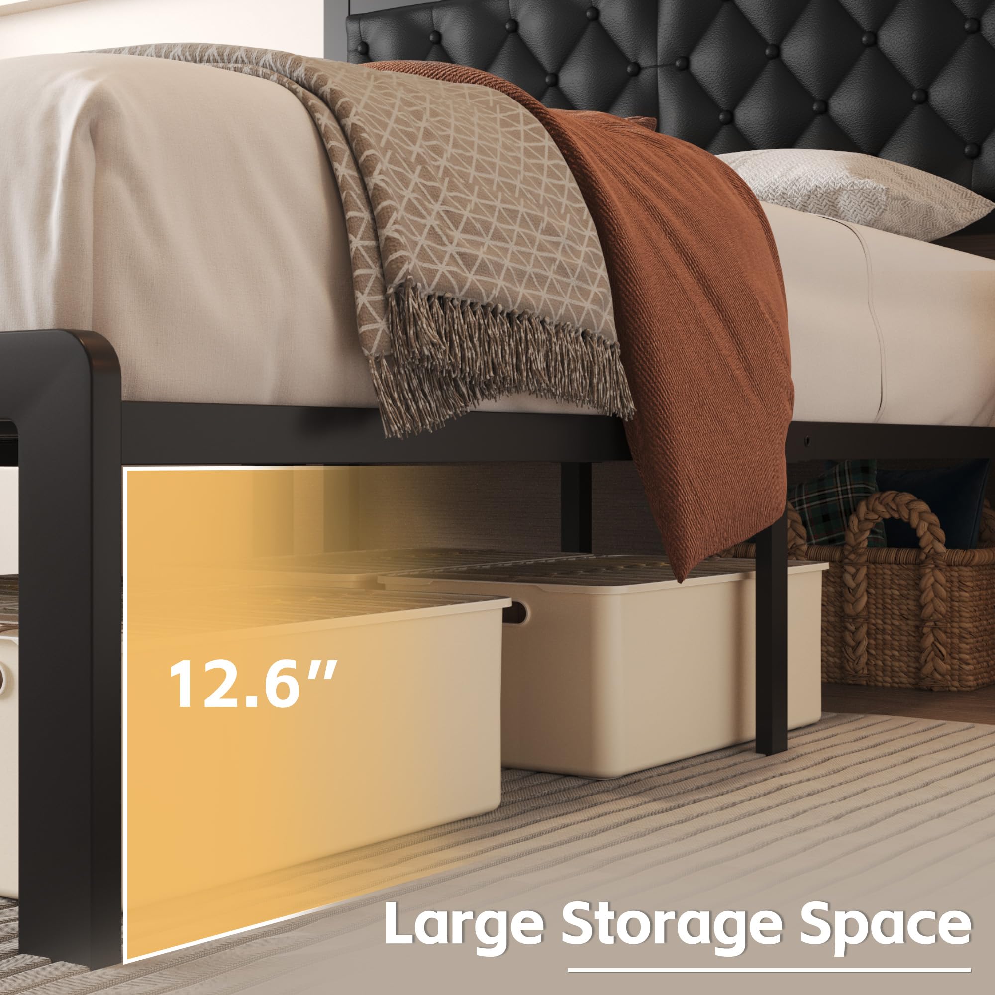 Queen Bed Frame with PU Leather Upholstered Headboard