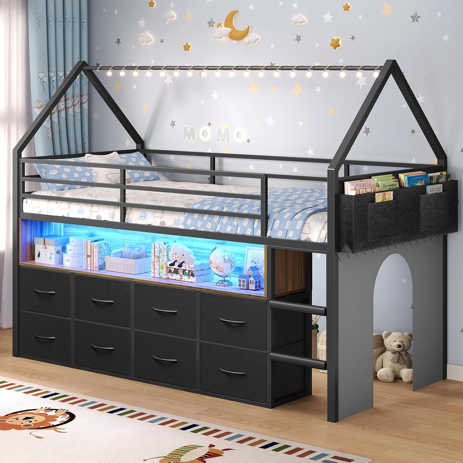 Twin Loft Bed with Storage Drawers and LED Lights