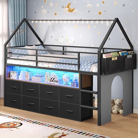 Twin Loft Bed with Storage Drawers and LED Lights