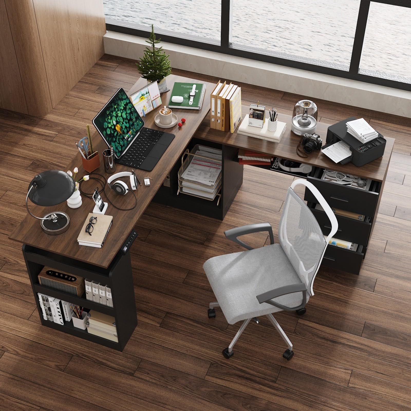 63-Inch L-Shaped Electric Standing Desk with Drawers and Shelves