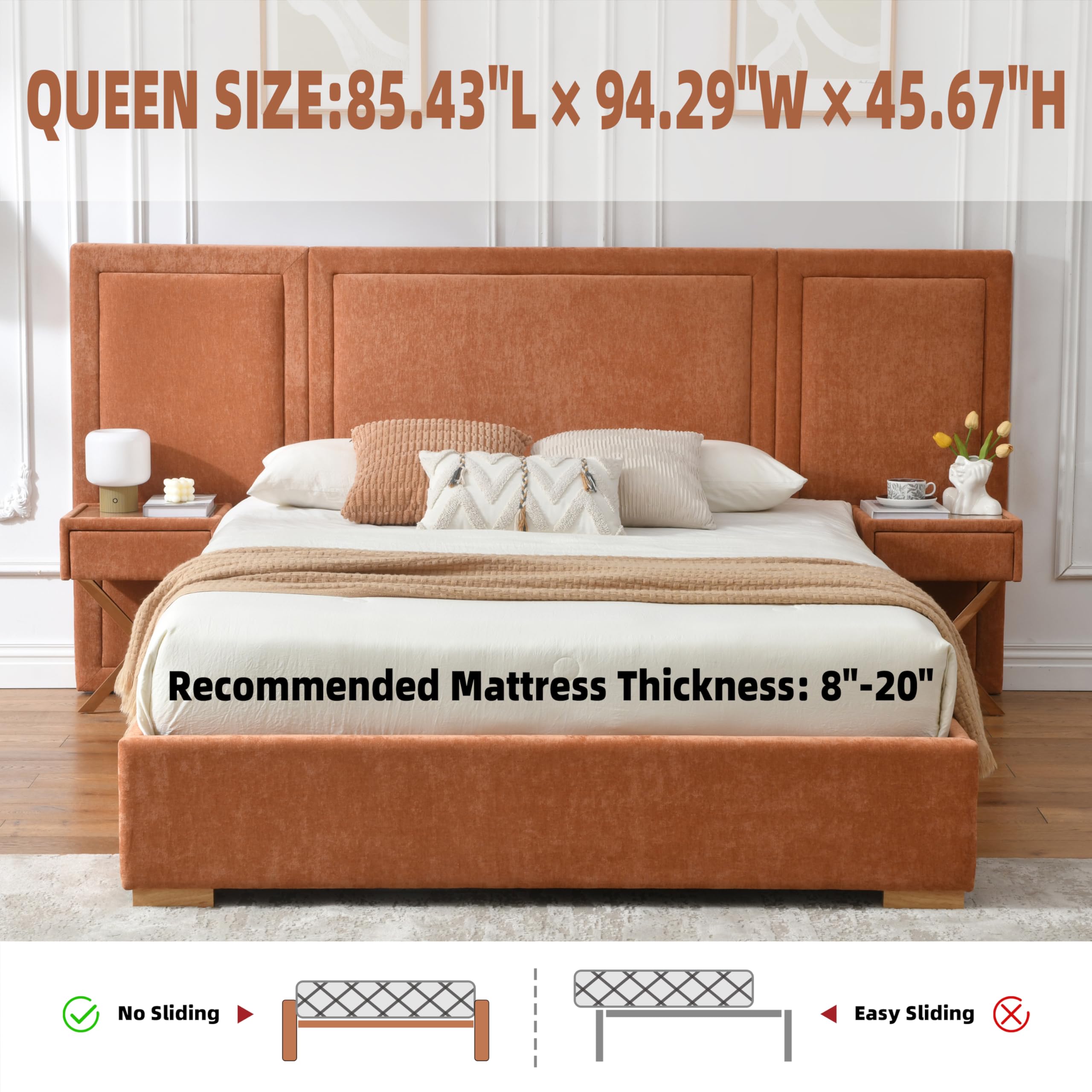 Queen Bed Frame with Storage and Floating Nightstands
