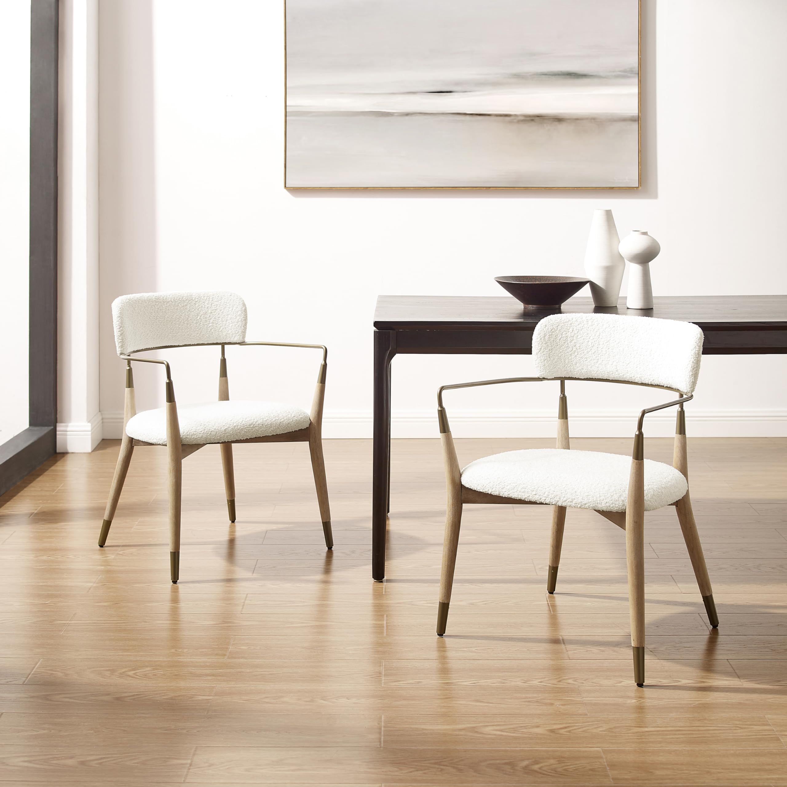 Wishbone Dining Chairs Set of 4 - Boucle Fabric Upholstered with Wood Legs