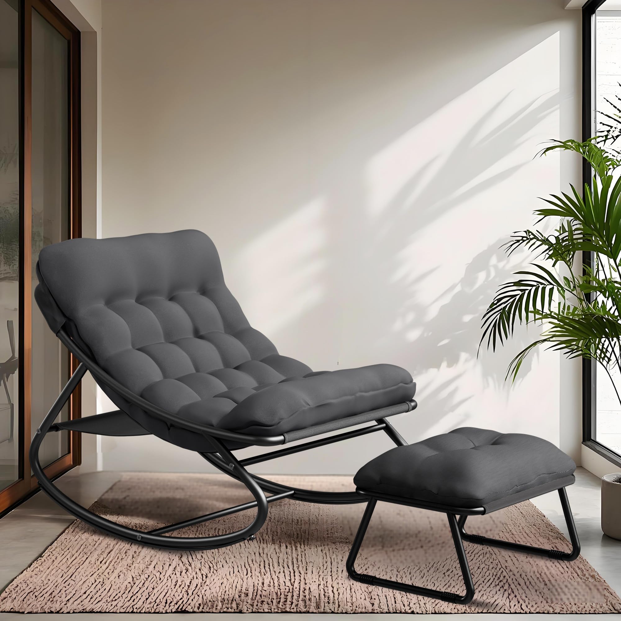 Outdoor Papasan Rocking Chair with Cushion and Ottoman