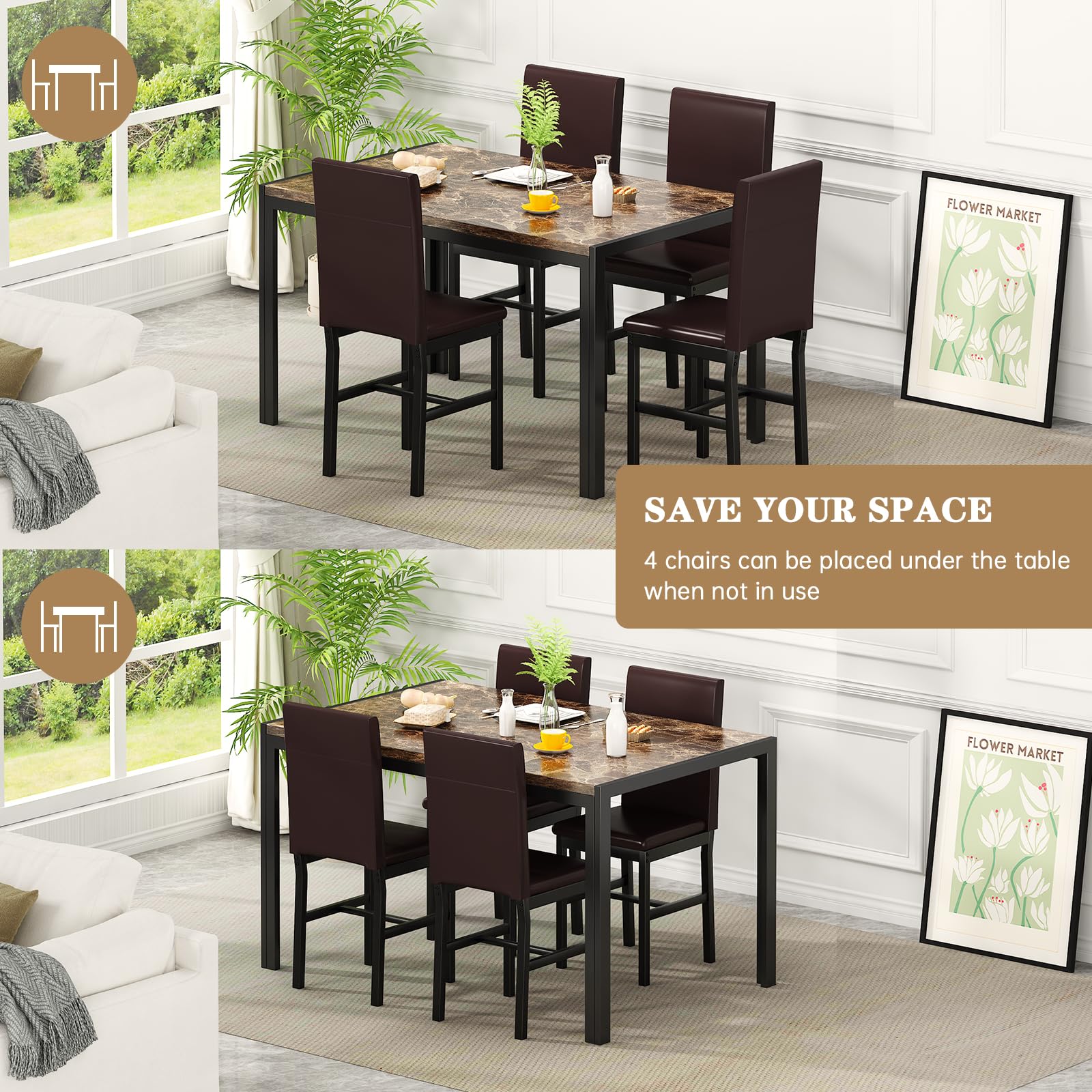 4-Piece Faux Marble Dining Table Set with PU Leather Chairs