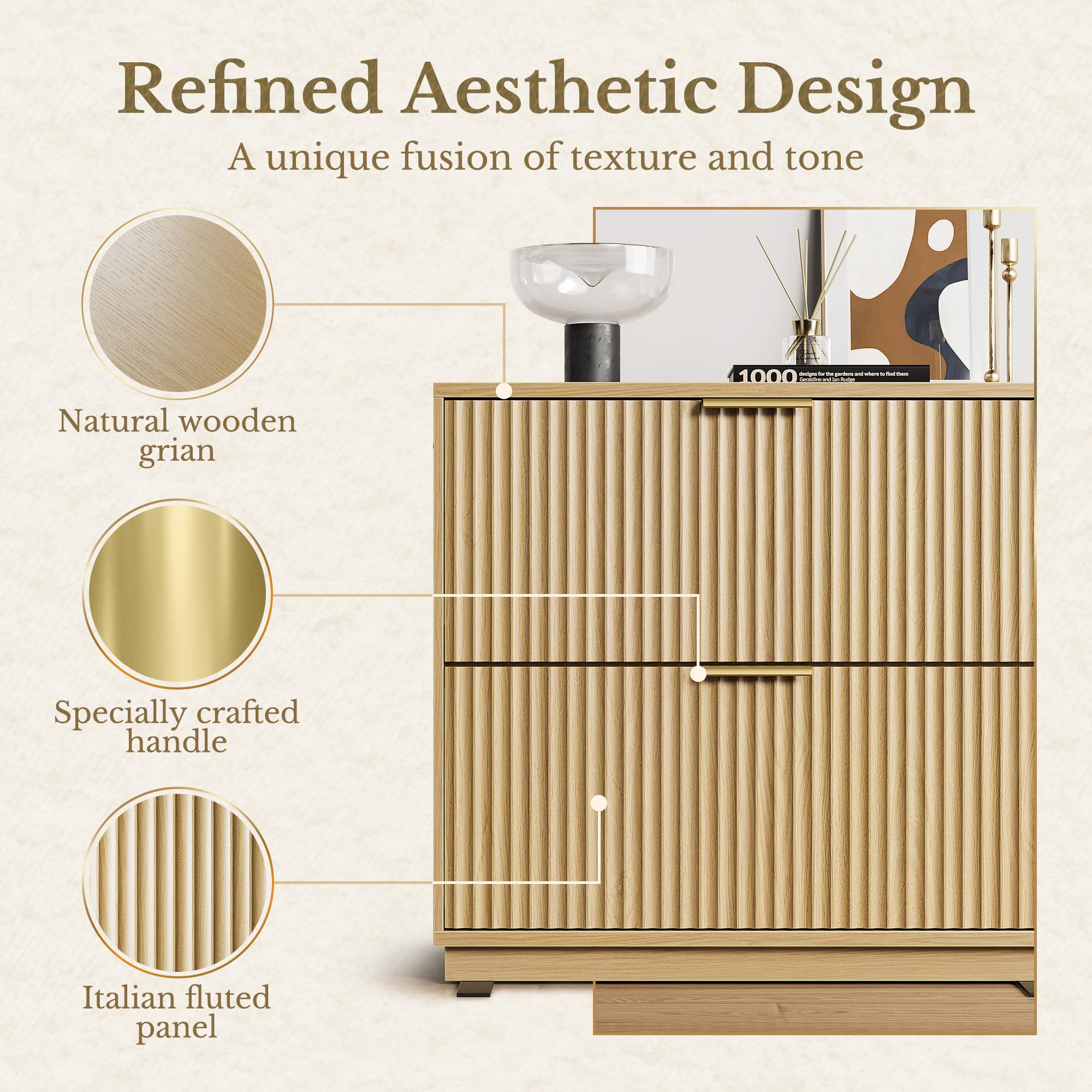 Perledesign 2 Drawer Fluted File Cabinet, 32'' Lateral File Cabinet for Legal/Letter/A4/F4 Size Hanging Files, Wood File Storage for Home Office, Light Walnut