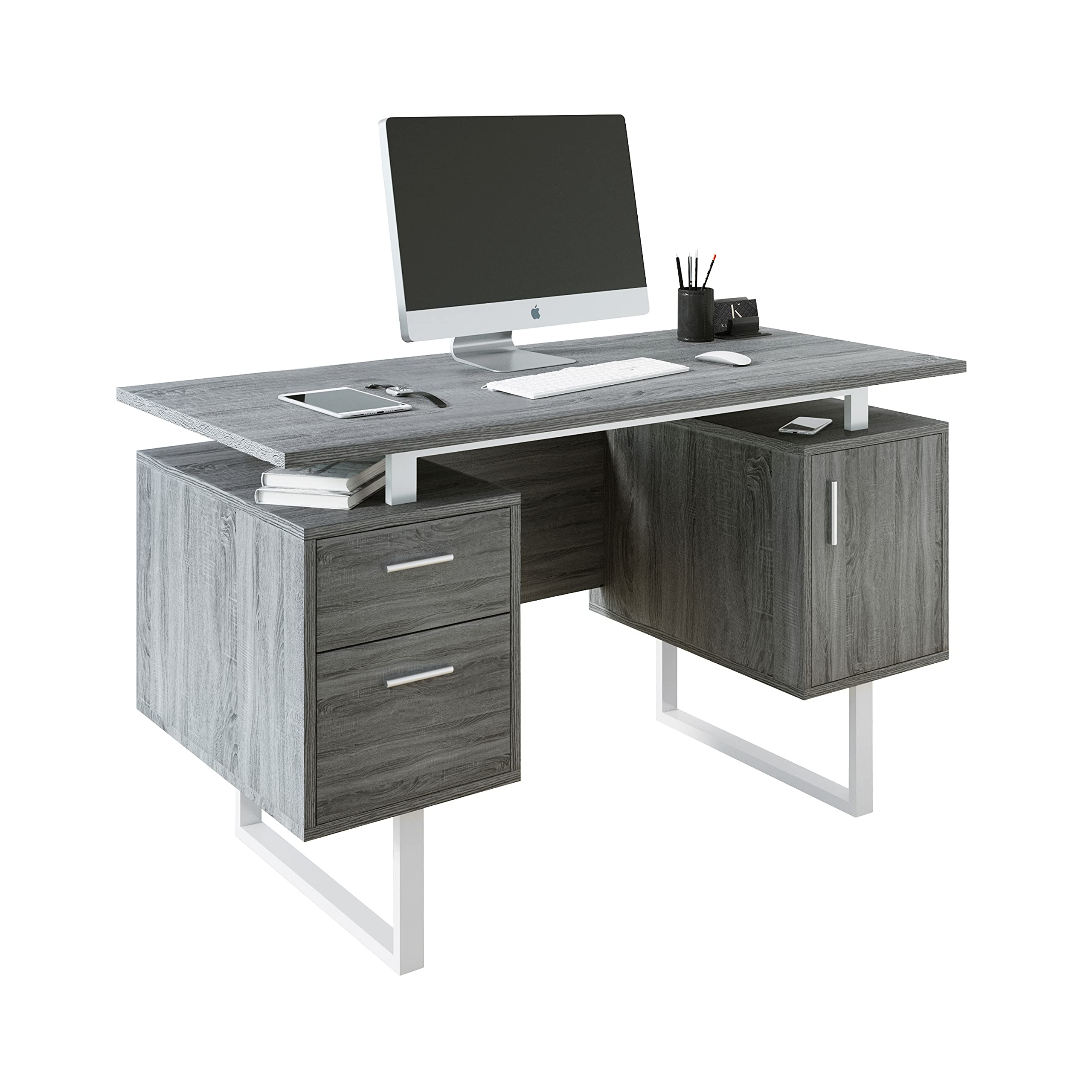 Techni Mobili Modern Office Desk with Storage, Gray