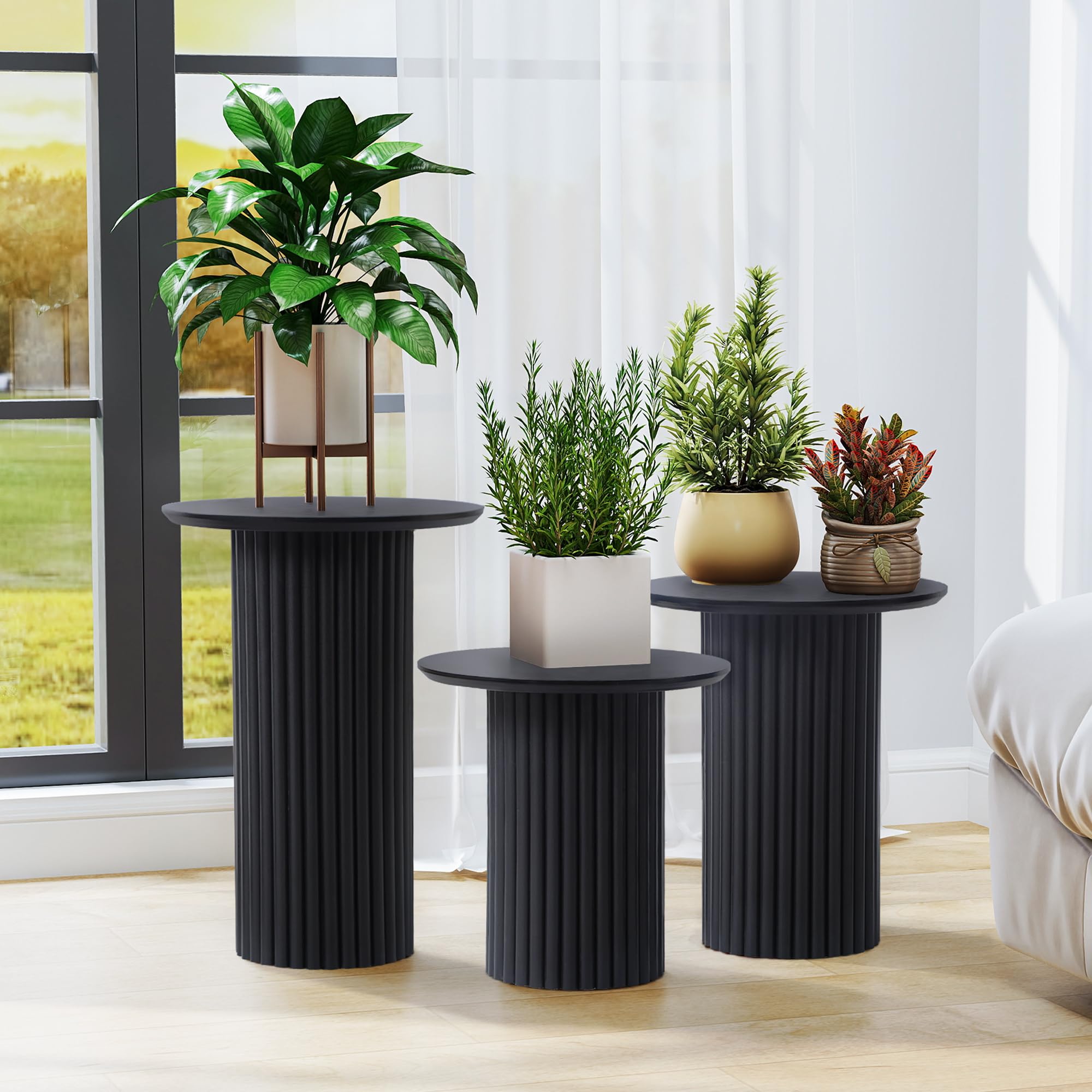 Round Nesting Coffee Table Set of 3 - Mid Century Modern Fluted Design