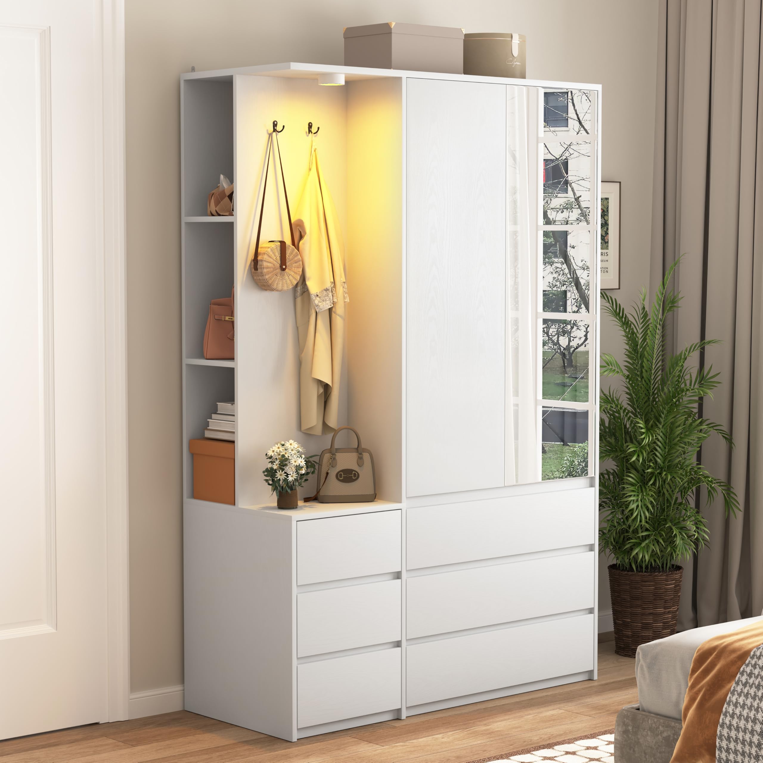 Armoire Wardrobe Closet with LED Light and Mirror