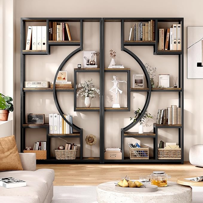 White and Gold Bookshelf Set of 2 - 5 Tier Geometric Bookcase with Metal Frame