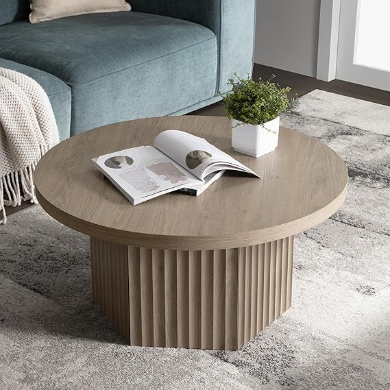 Round Coffee Table Grey Alder 31.5 Inch Modern Fluted Design