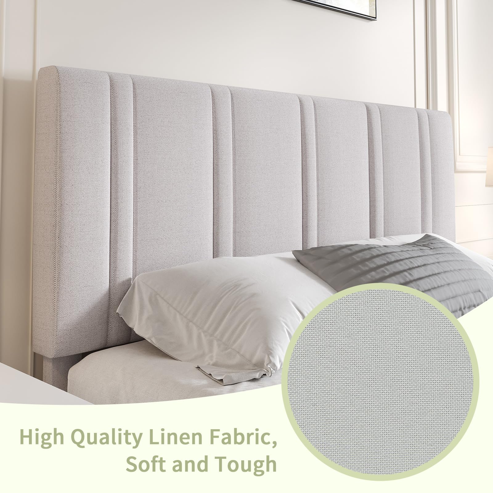 Twin Bed Frame with Upholstered Linen Headboard