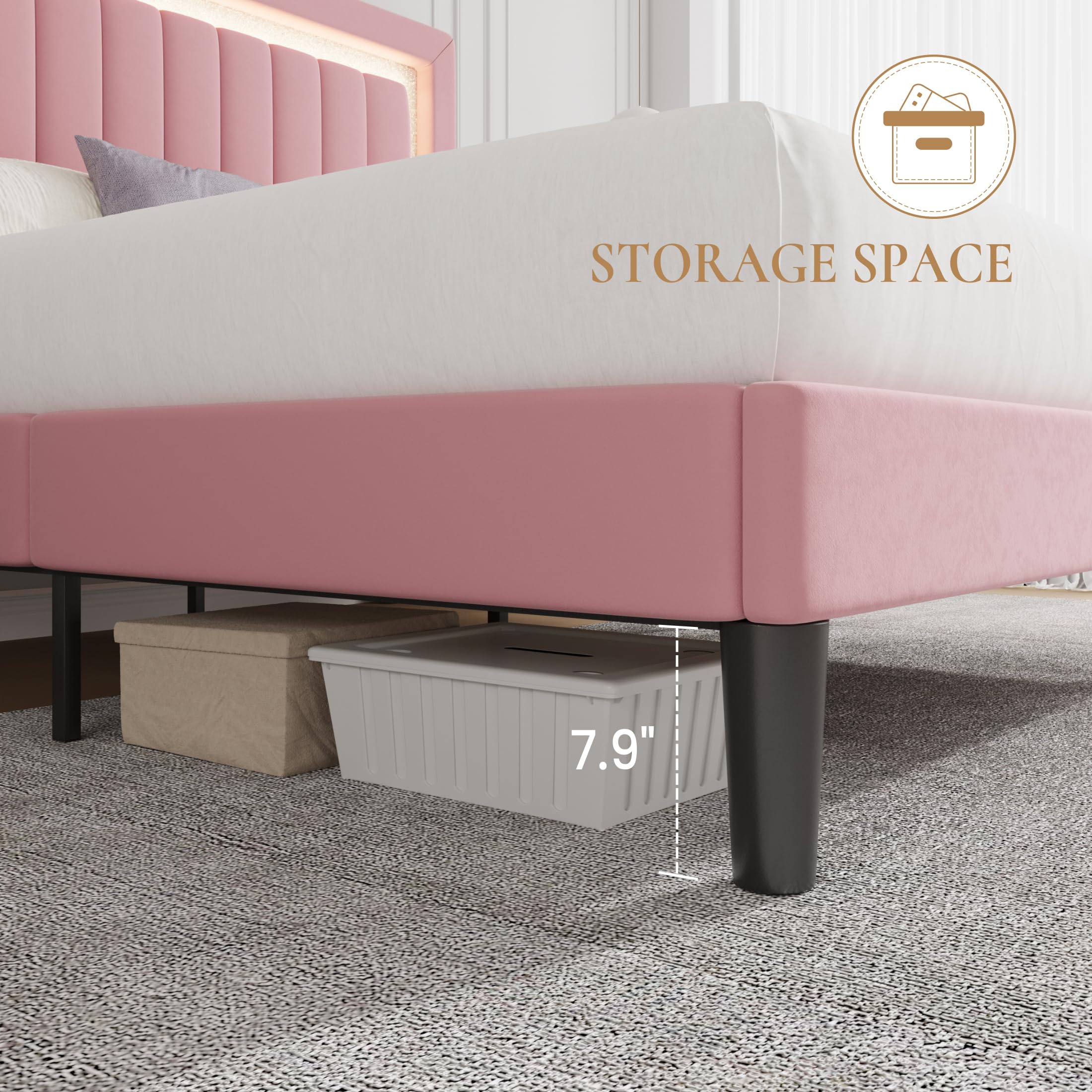 Full Size Pink Velvet LED Bed Frame with Adjustable Headboard