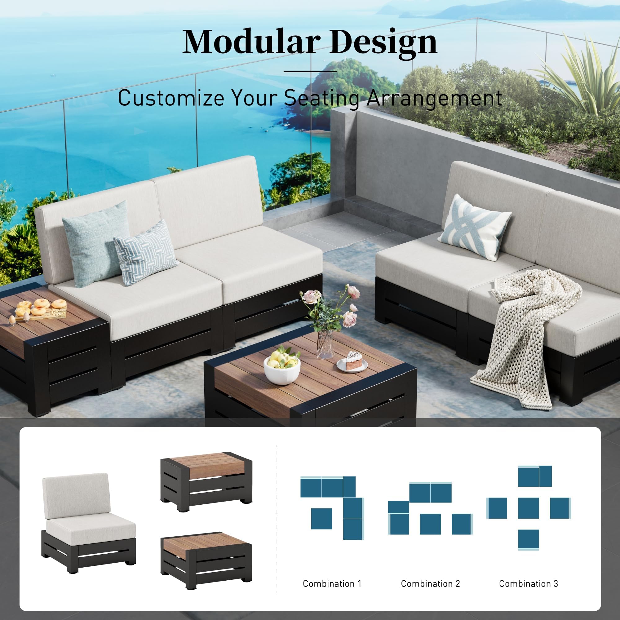 SUNSHINE VALLEY Upgraded 6-Piece Metal Patio Furniture Set with 5.9" Thick Cushion, Outdoor Sectional Furniture Conversation Set with Coffee Table & Side Table, Patio Modular L Shape Sofa for Backyard