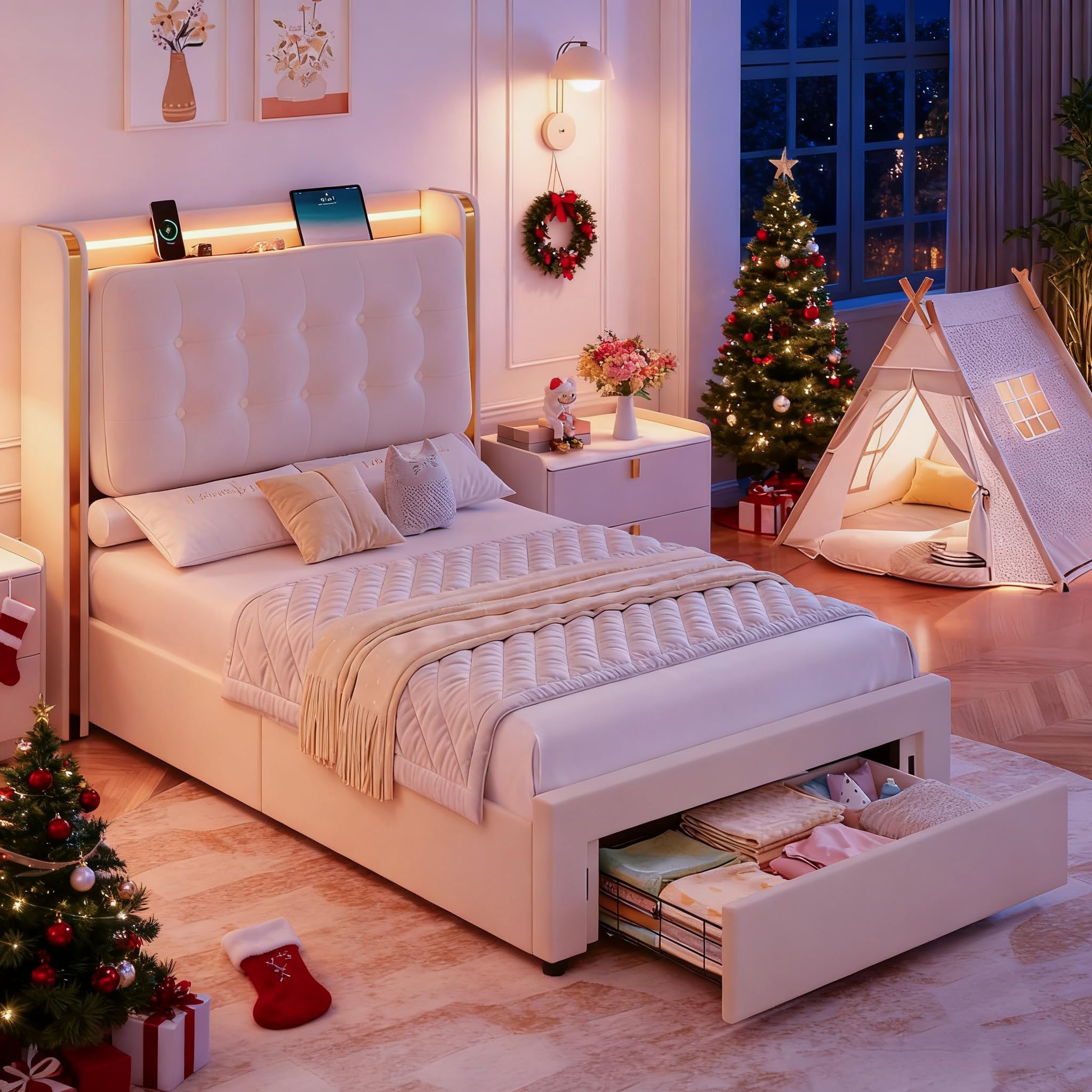 Upholstered LED Twin Bed Frame with Storage and Charging Station