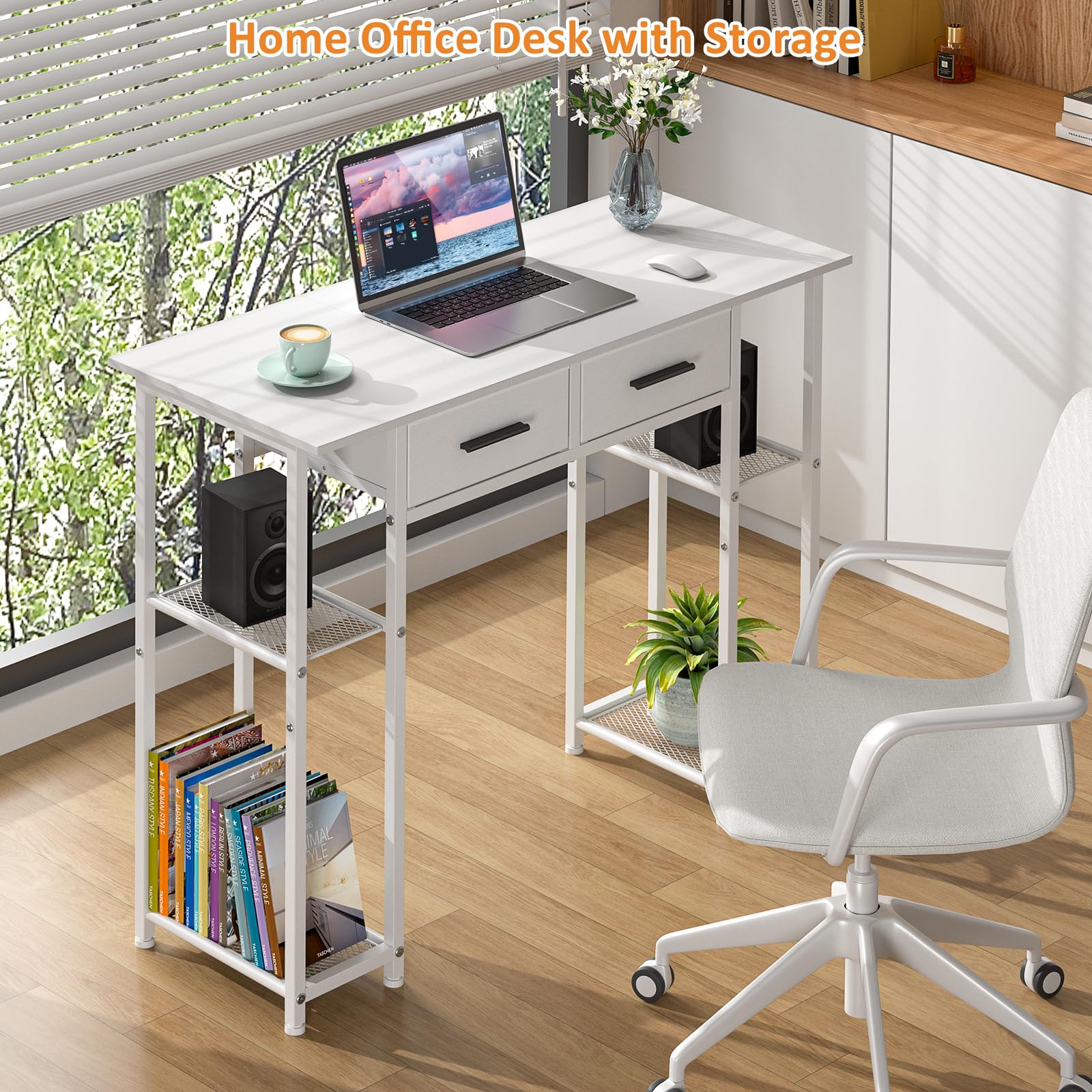 White Computer Desk with Storage Shelves and Drawers