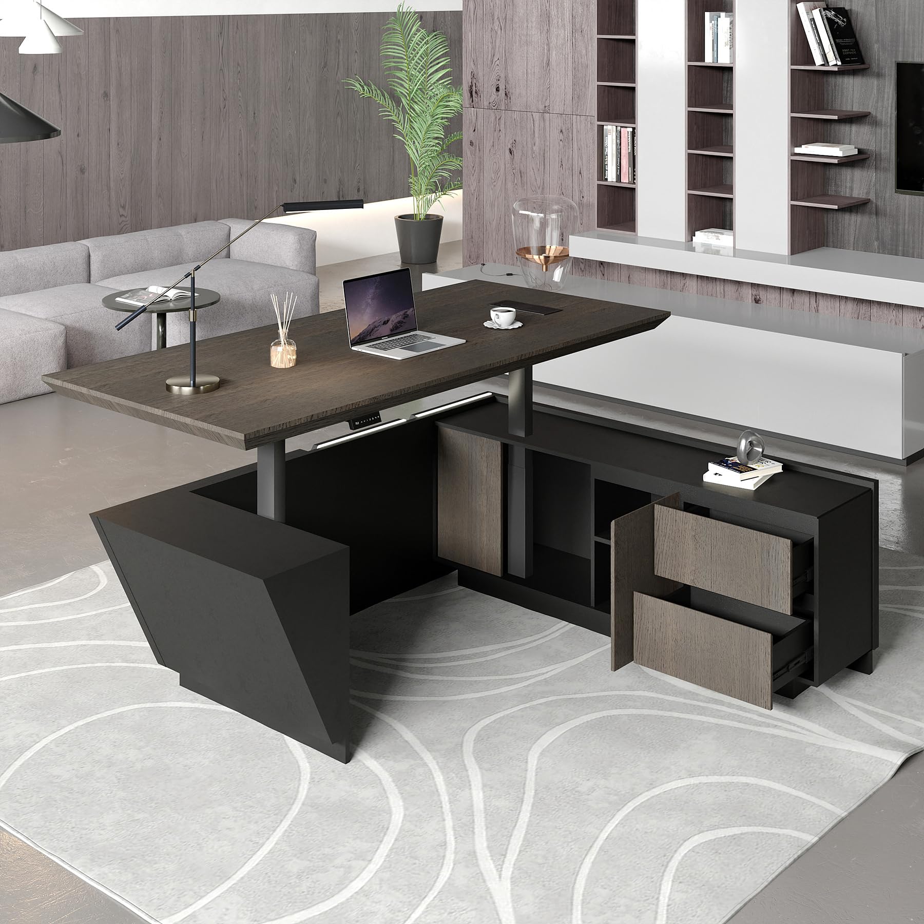 Adjustable Executive L-Shaped Desk with Drawers and LED Light