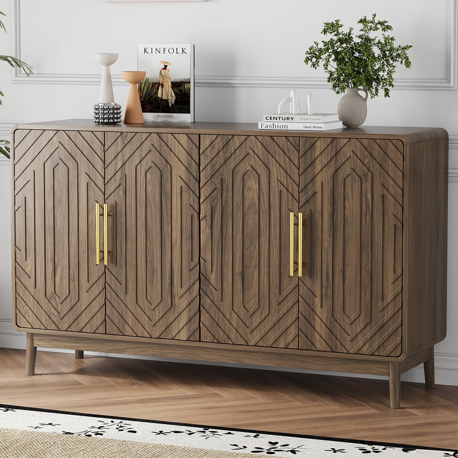 Walnut 4-Door Sideboard Buffet Cabinet with Adjustable Shelves