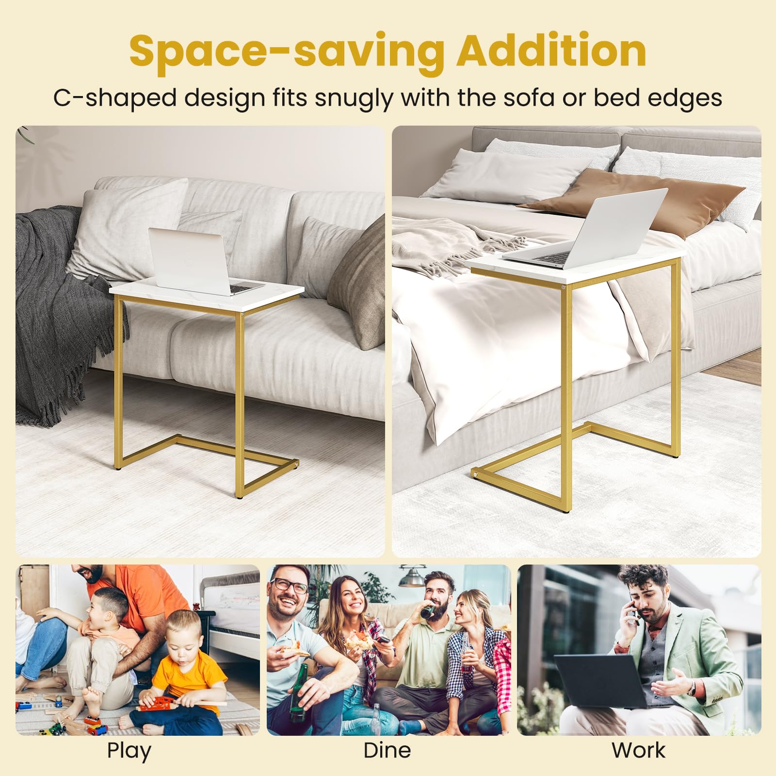 GOFLAME Nesting Coffee Tables Set of 3, Rectangular Nesting Center Table with Faux Marble Top & Metal Frame, Modern C-Shaped Nested Side Table Set for Living Room, Gold & White
