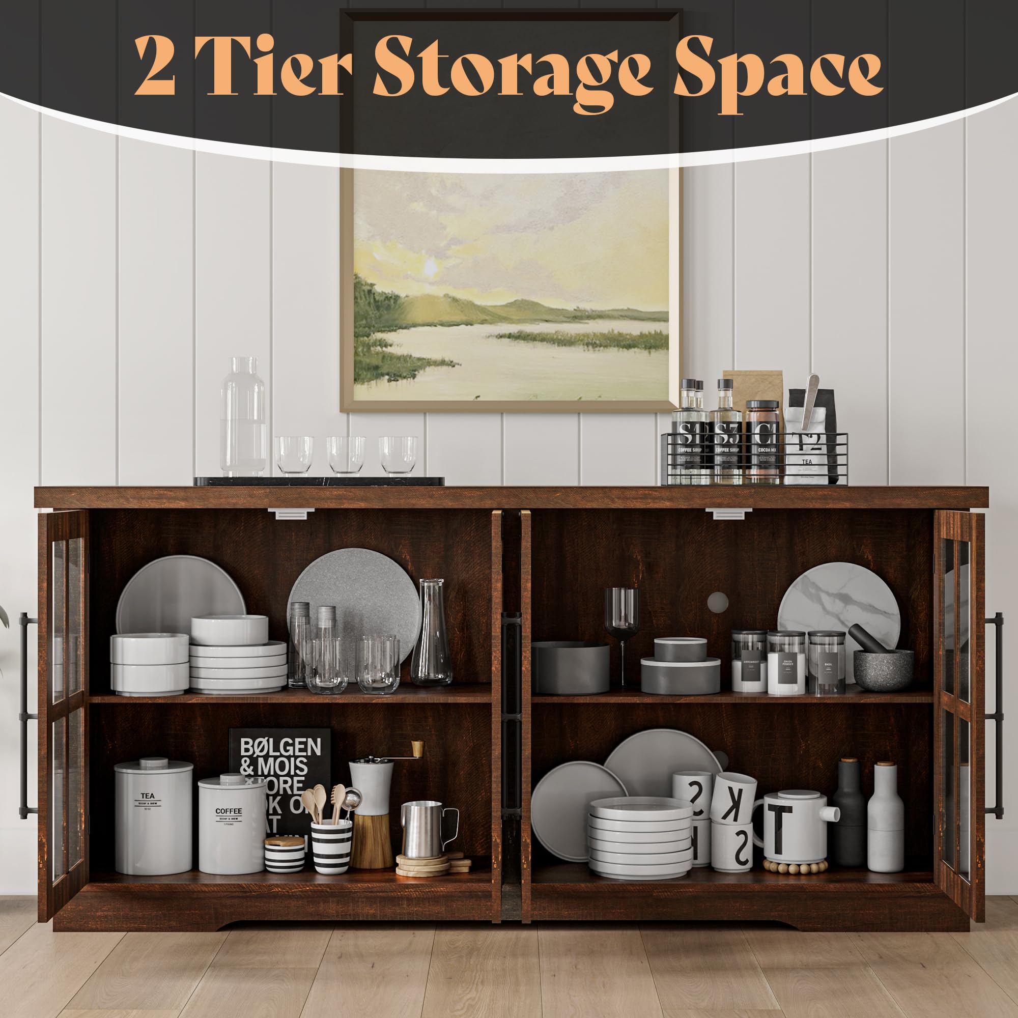 63" Farmhouse Buffet Sideboard Cabinet with Glass Door