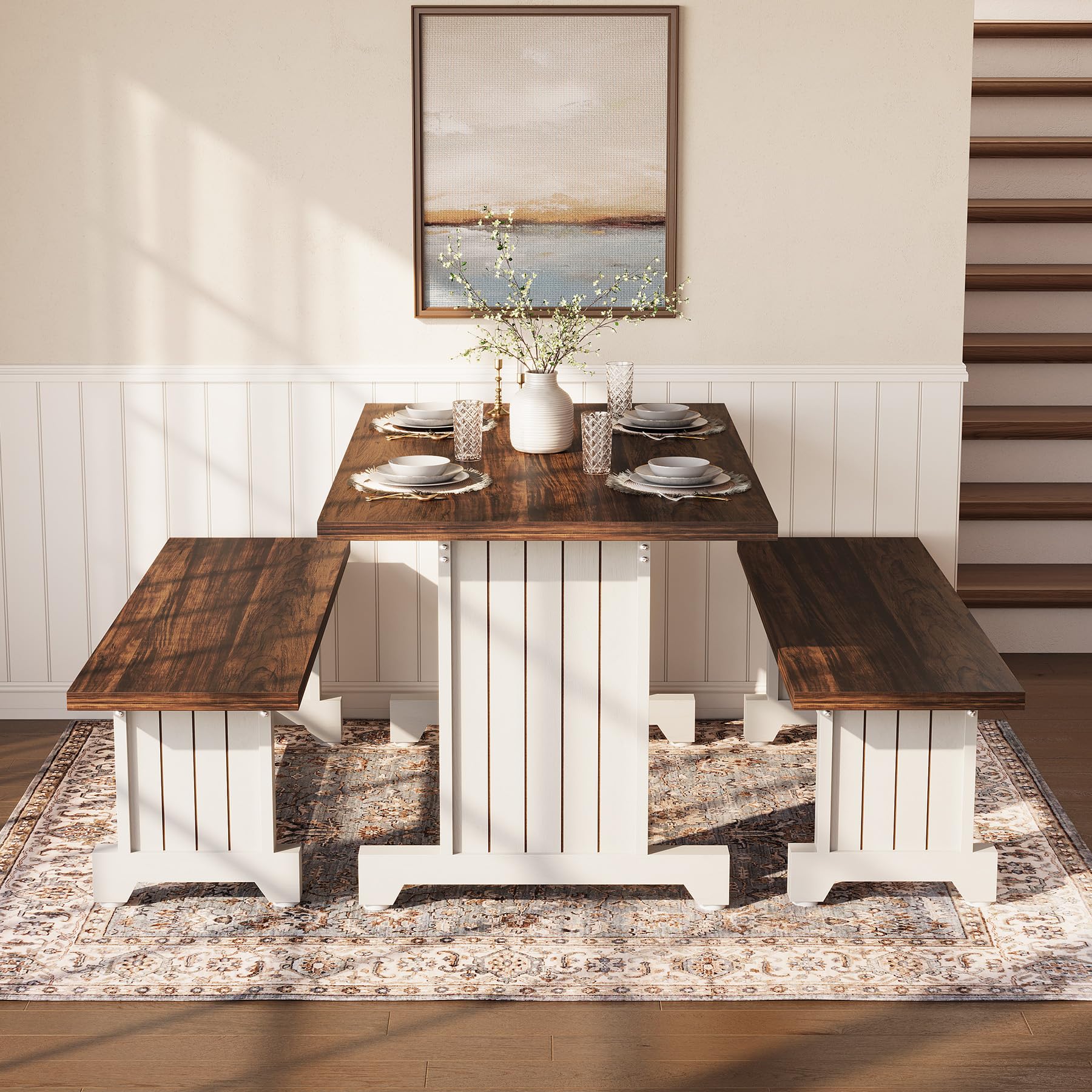 Dining Table Set for 4 with 2 Benches - Space-Saving Kitchen Dinette