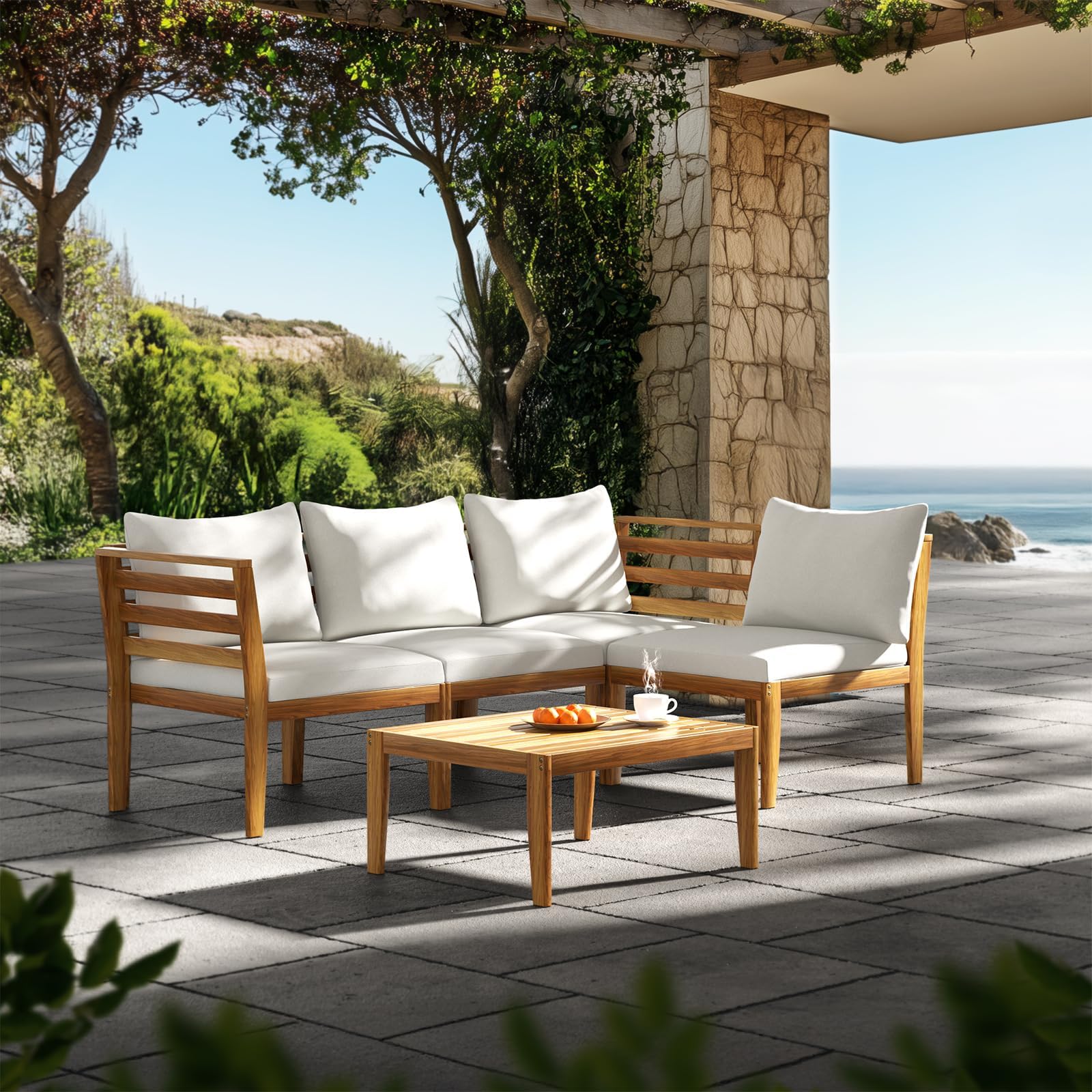5 Piece Acacia Wood Patio Conversation Set with Waterproof Cushions