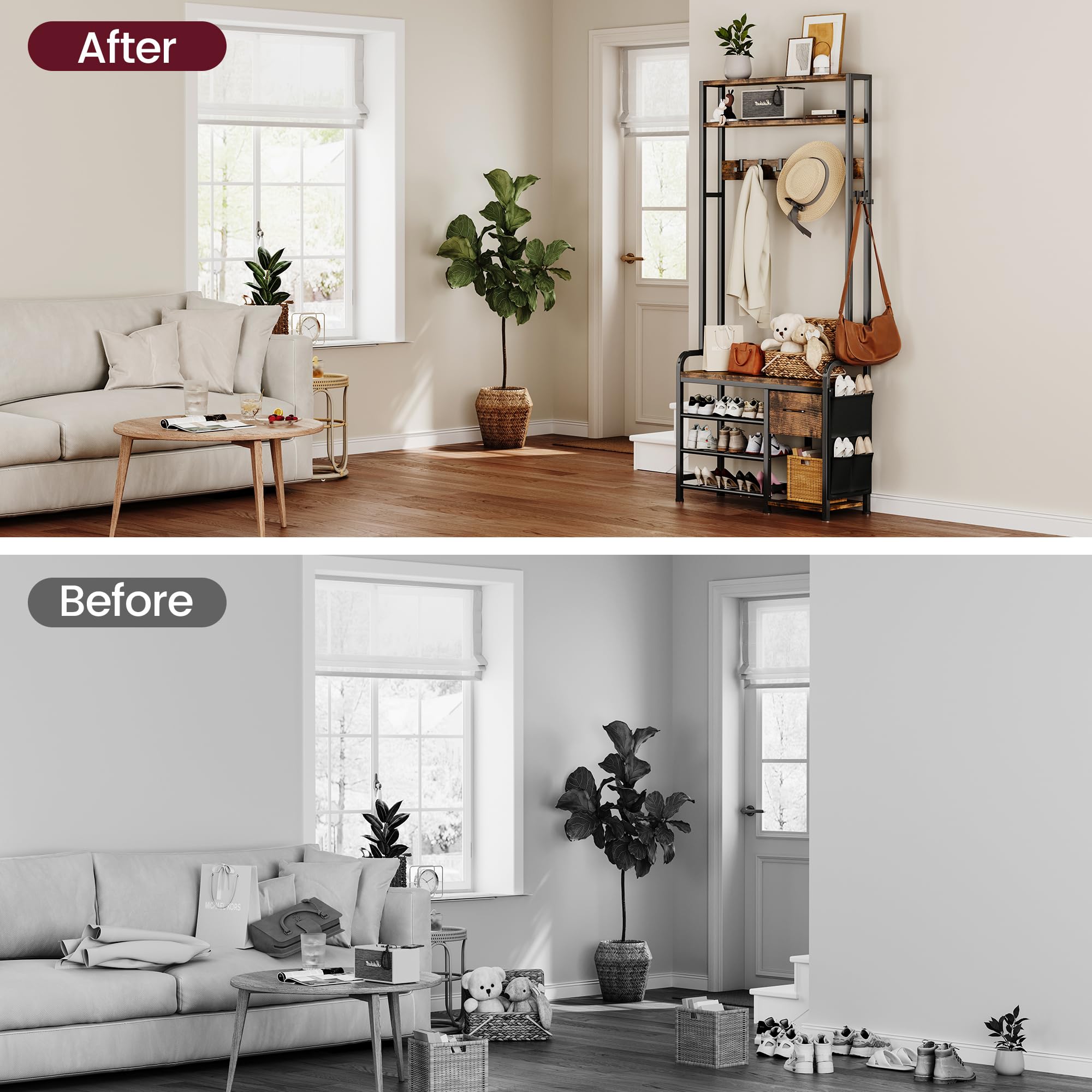 3-in-1 Hall Tree with Bench and Shoe Storage